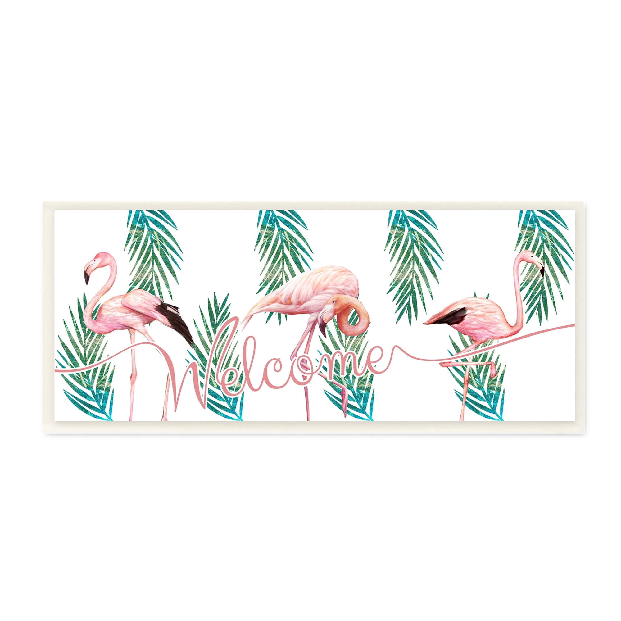 Stupell Industries Welcome Greeting Pink Flamingo Trio Tropical Palm Fronds, 17 x 7,Design by Ziwei Li