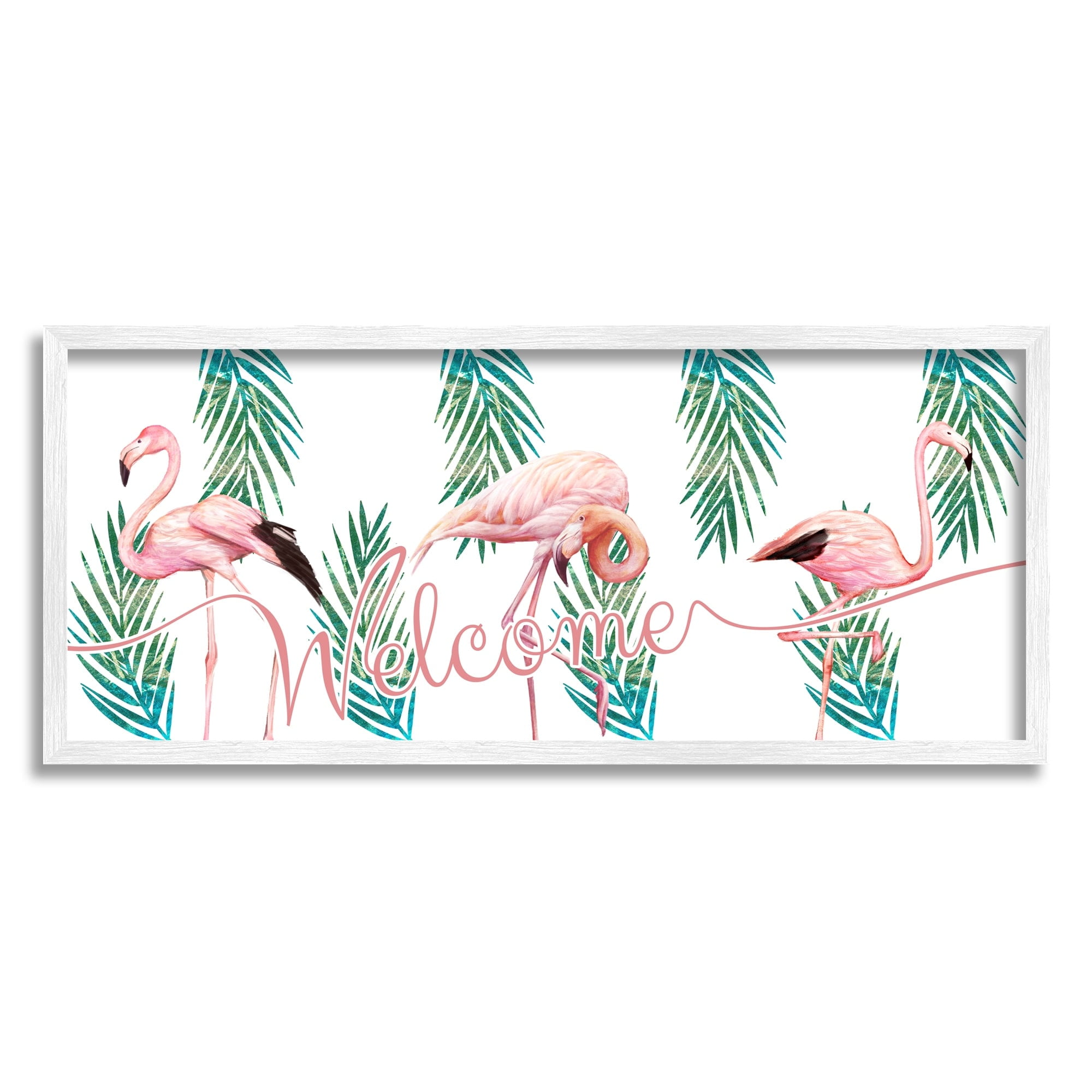 Stupell Industries Welcome Greeting Pink Flamingo Trio Tropical Palm Fronds, 24 x 10,Design by Ziwei Li