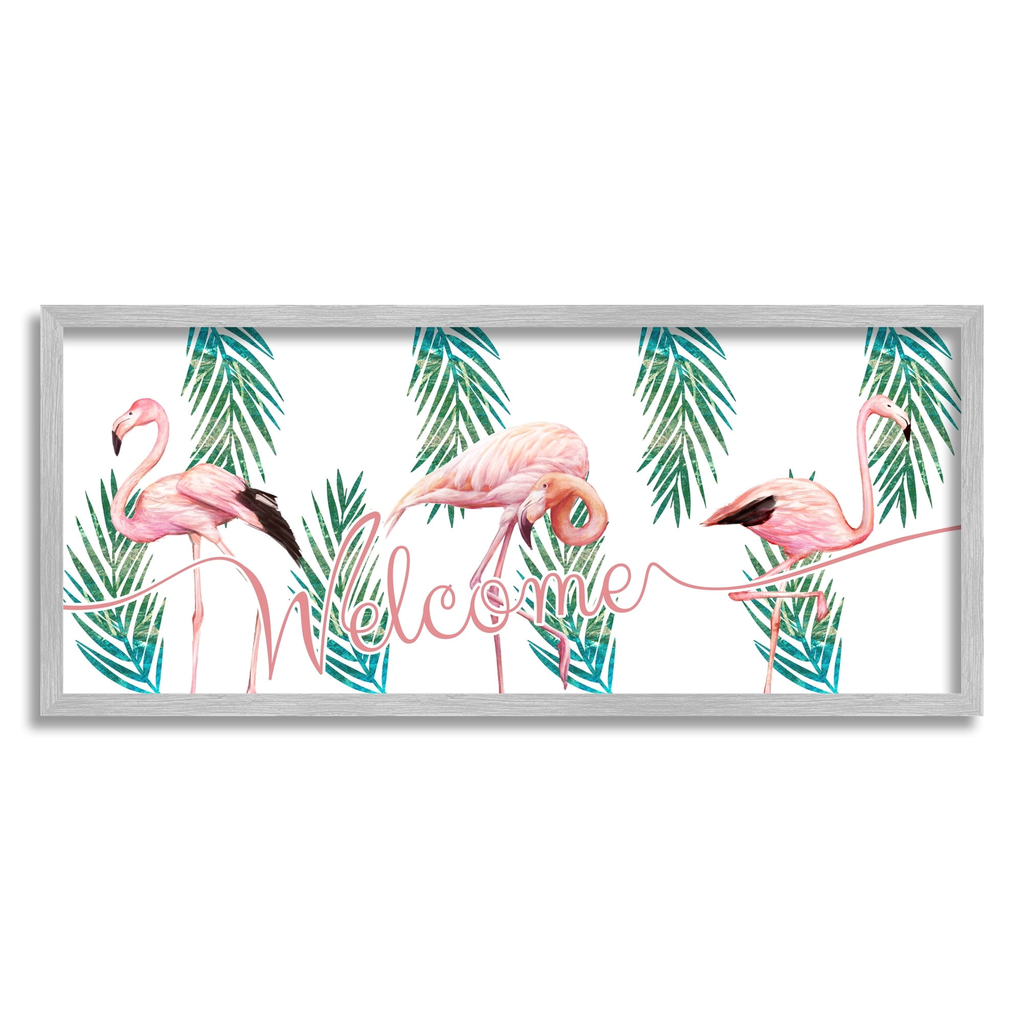 Stupell Industries Welcome Greeting Pink Flamingo Trio Tropical Palm Fronds, 30 x 13,Design by Ziwei Li