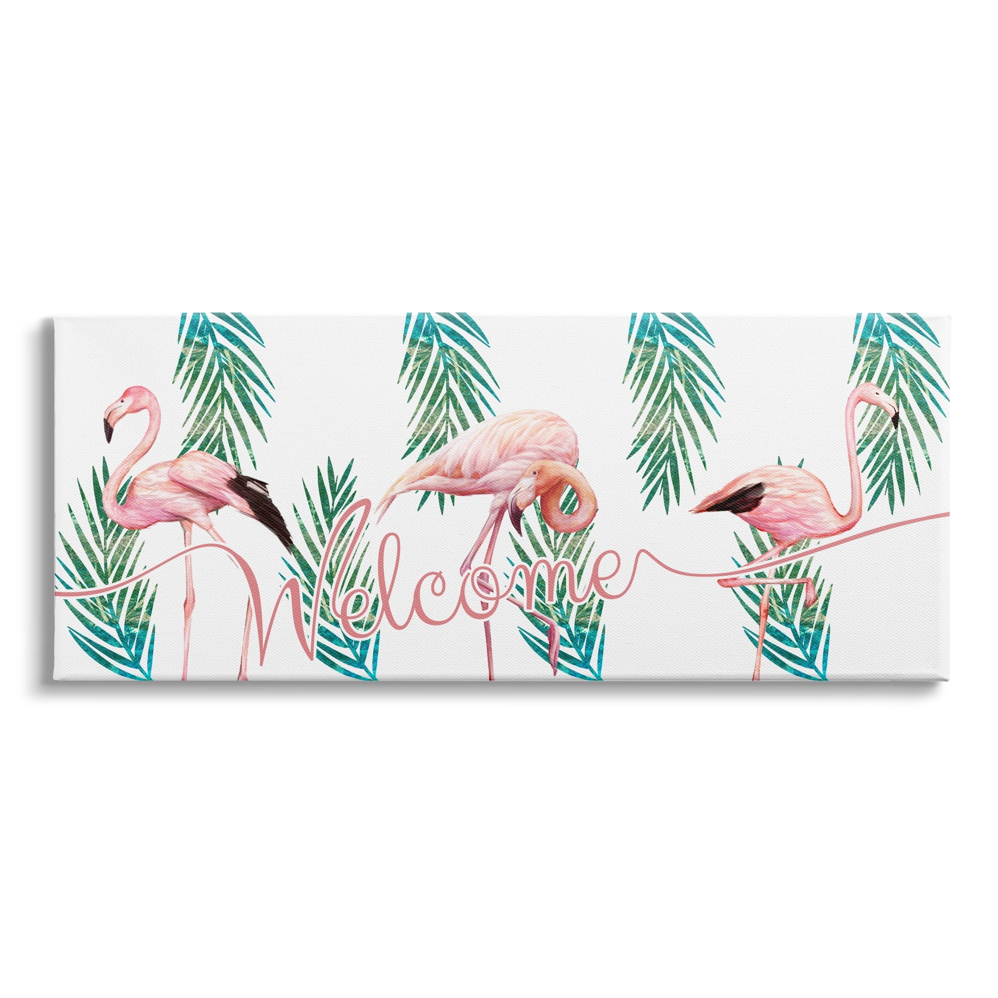 Stupell Industries Welcome Greeting Pink Flamingo Trio Tropical Palm Fronds, 48 x 20,Design by Ziwei Li