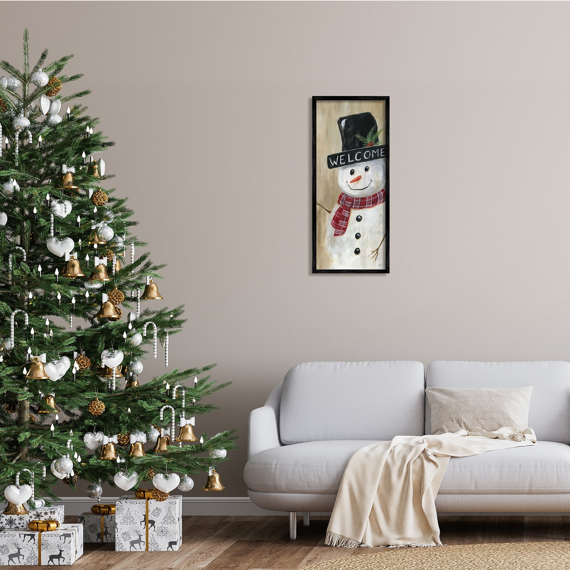 Stupell Industries Welcome Greeting Rustic Winter Snowman Festive Holly Hat, 13 x 30, Design by Nan