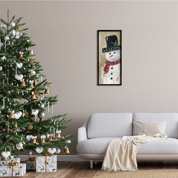 Stupell Industries Welcome Greeting Rustic Winter Snowman Festive Holly Hat, 13 x 30, Design by Nan