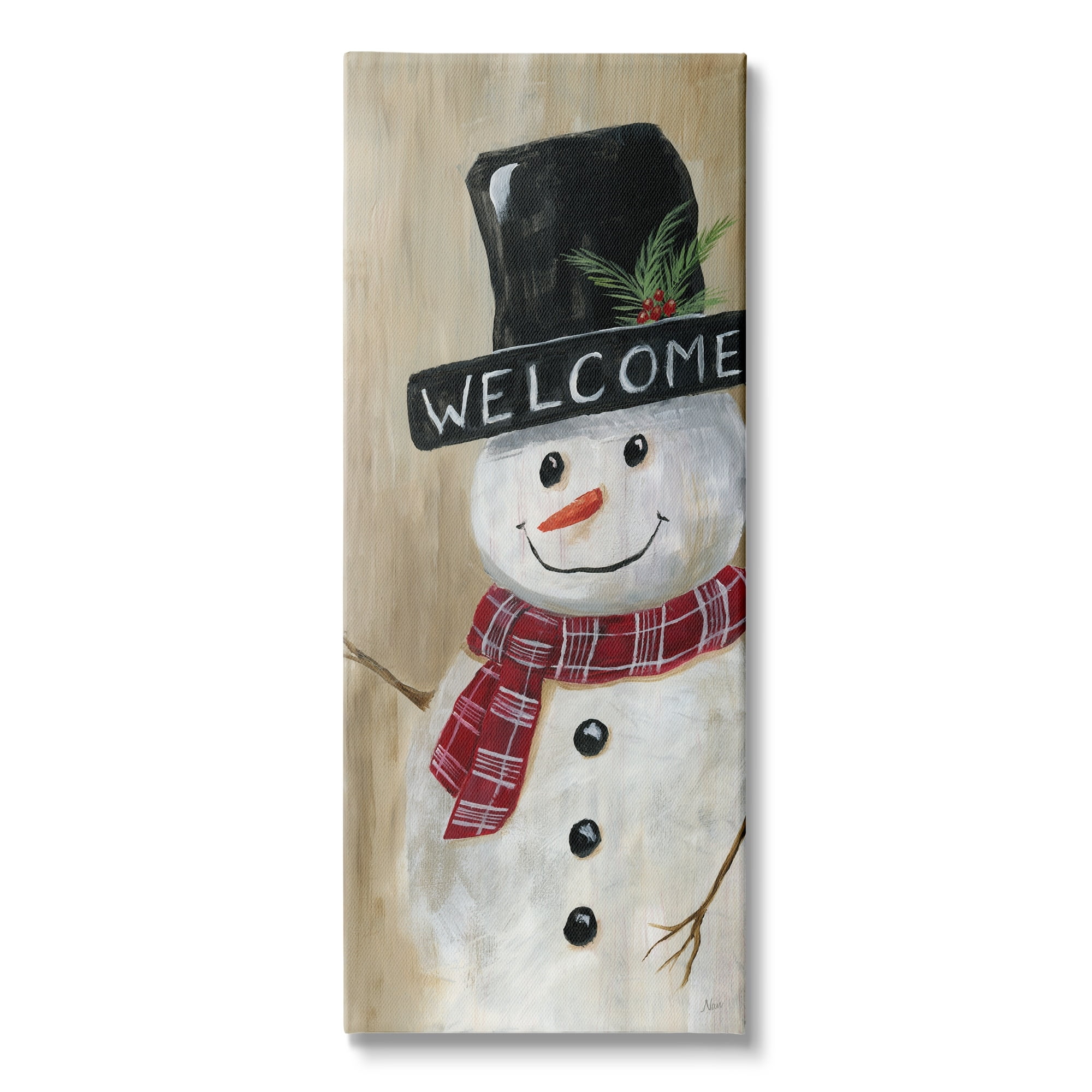 Stupell Industries Welcome Greeting Rustic Winter Snowman Festive Holly Hat, 13 x 30, Design by Nan