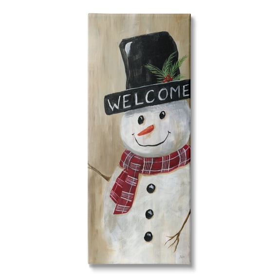 Stupell Industries Welcome Greeting Rustic Winter Snowman Festive Holly Hat, 17 x 40, Design by Nan