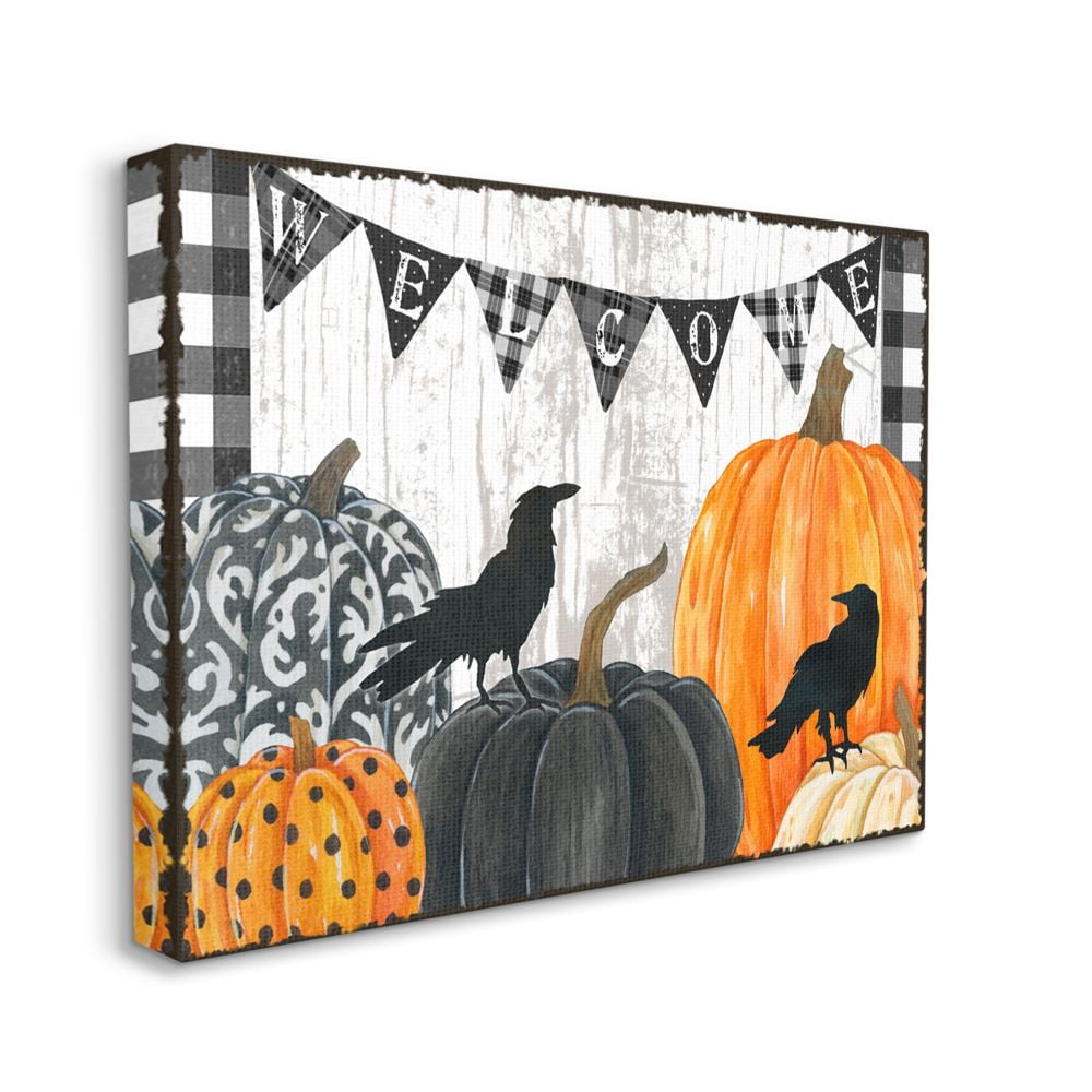 Stupell Industries Welcome Halloween Sign Painted Pumpkin Designs Canvas Wall Art Design by Andrea Tachiera, 24" x 30"