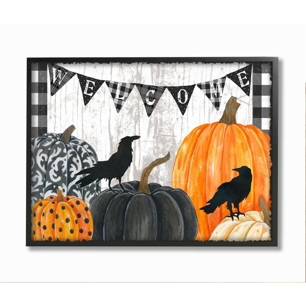 Stupell Industries Welcome Halloween Sign Painted Pumpkin Designs Framed Wall Art Design by Andrea Tachiera, 16" x 20", Black Framed