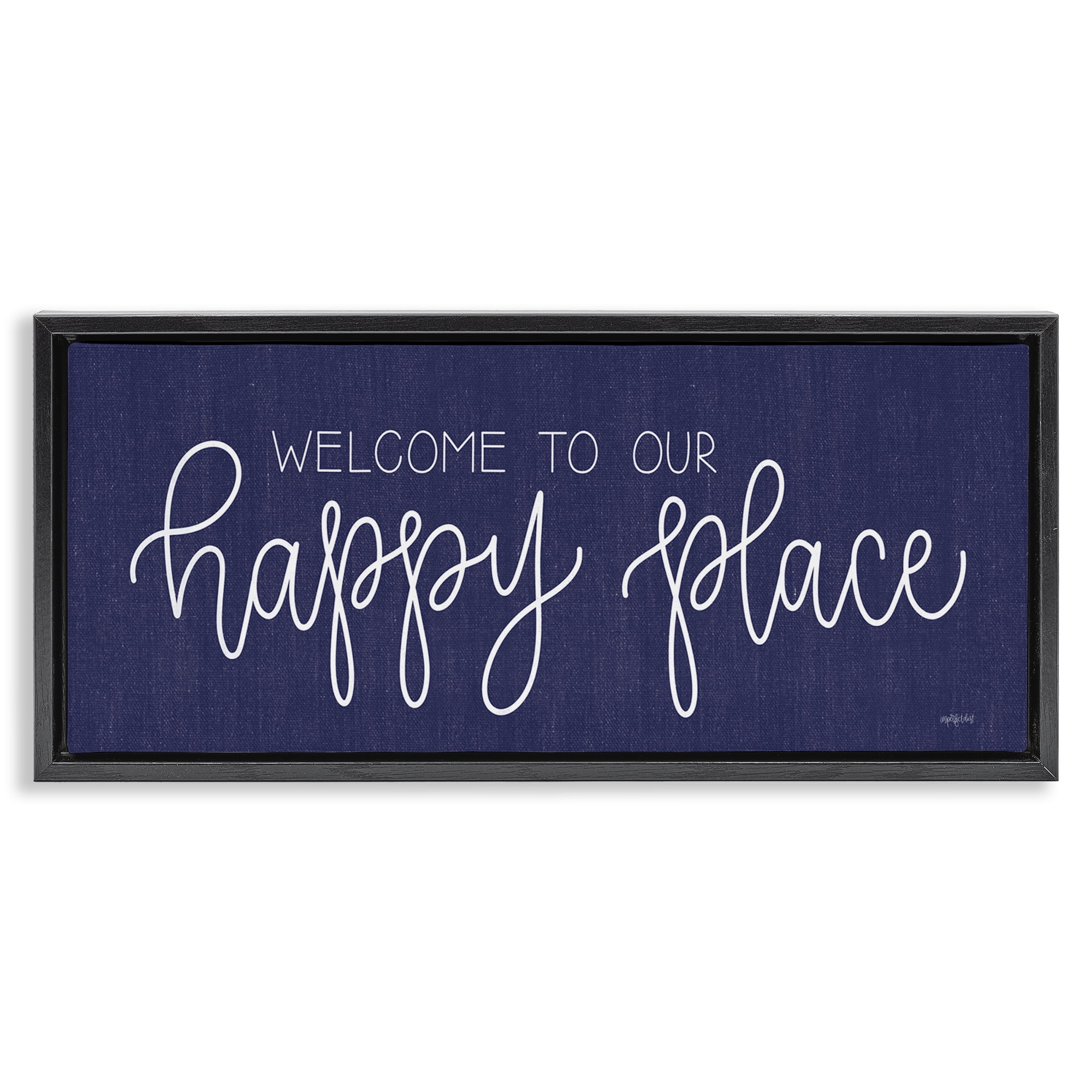 Stupell Industries Welcome Happy Place Typography Painting Black Floater Framed Art Print Wall Art, 31 x 14