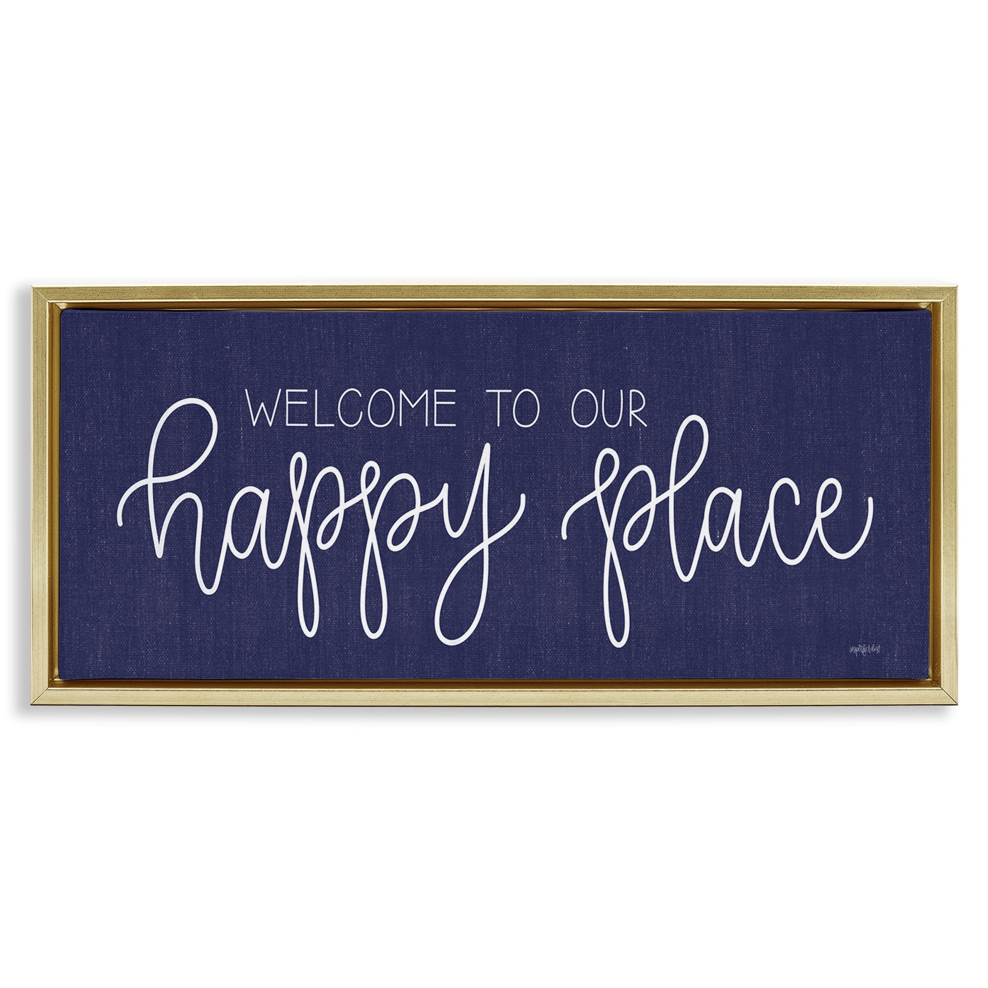 Stupell Industries Welcome Happy Place Typography Painting Gold Floater Framed Art Print Wall Art, 25 x 11