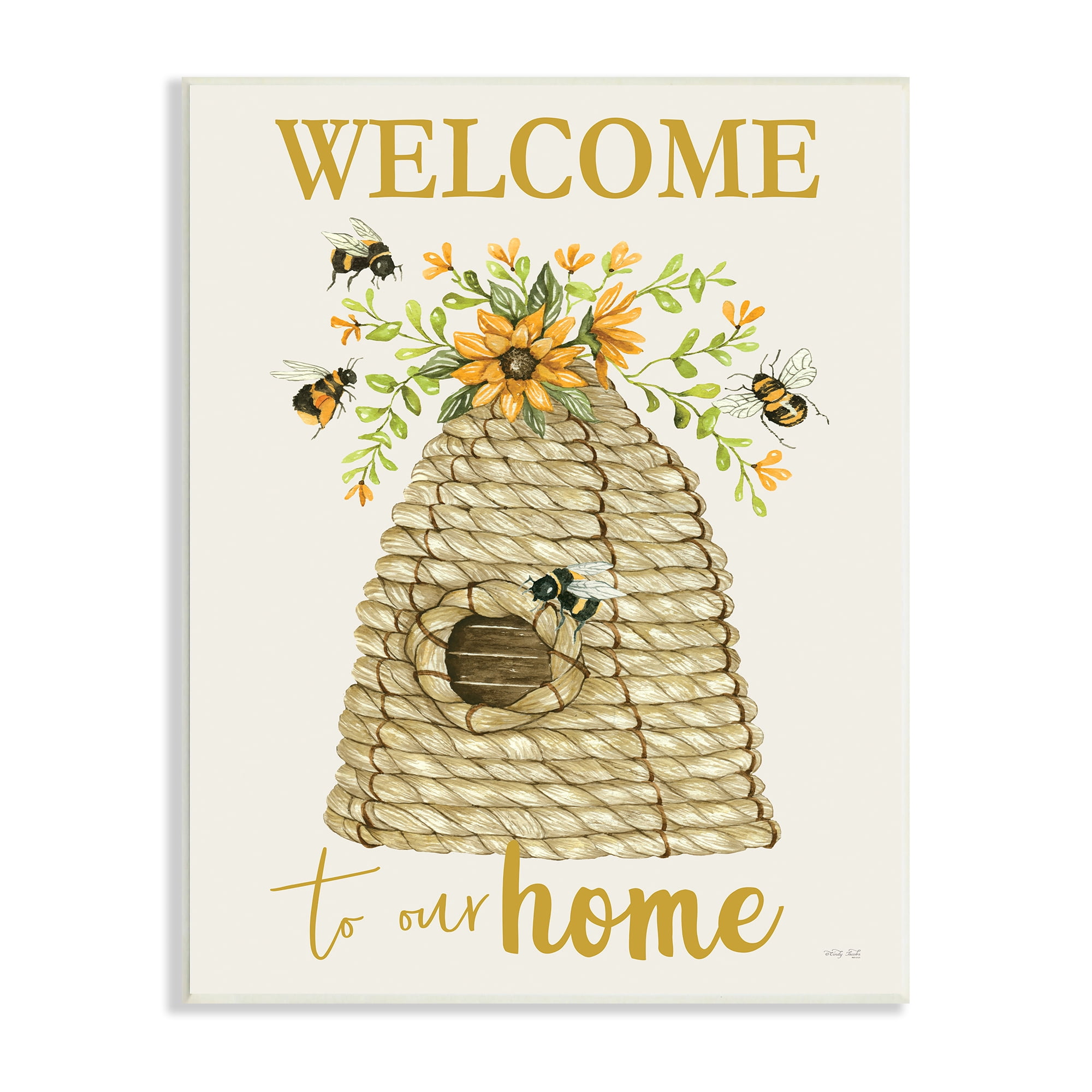 Stupell Industries Welcome Home Insect Hovering Roped Beehive and Sunflowers,10 x 15, Design by Cindy Jacobs