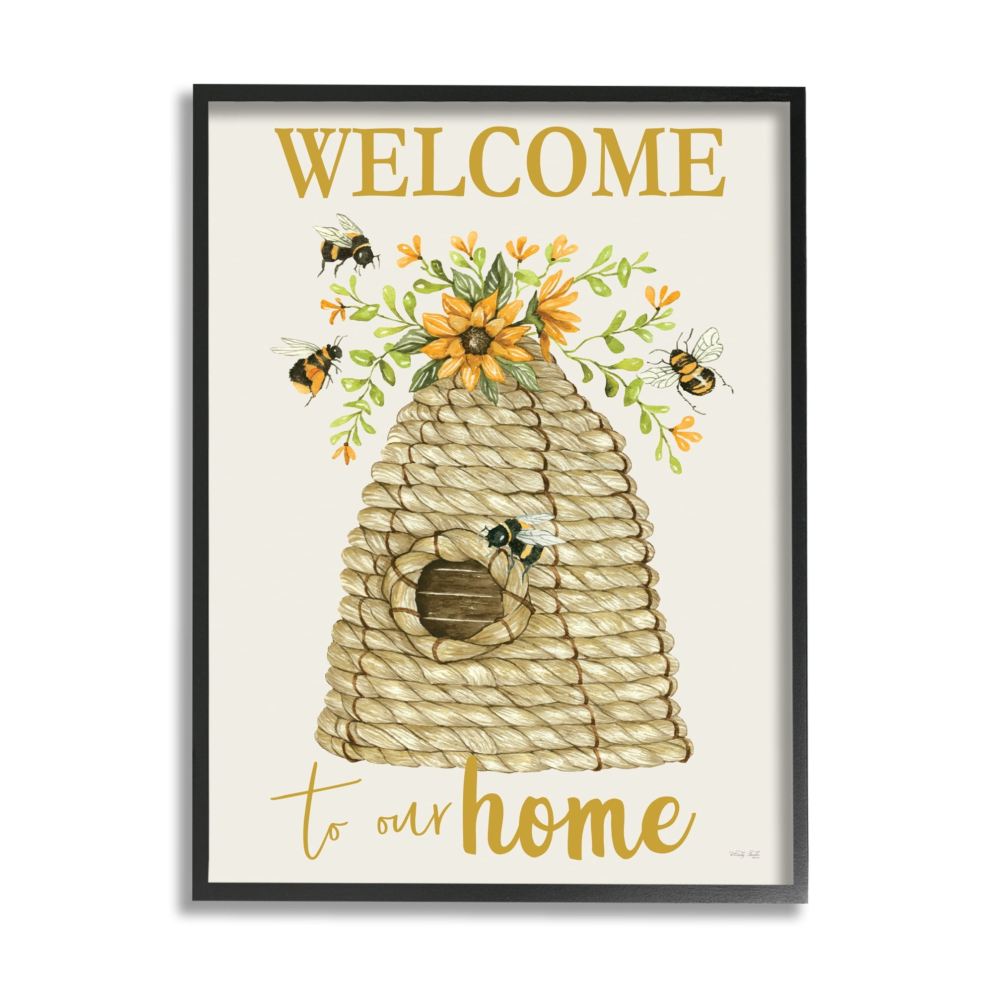 Stupell Industries Welcome Home Insect Hovering Roped Beehive and Sunflowers,11 x 14, Design by Cindy Jacobs