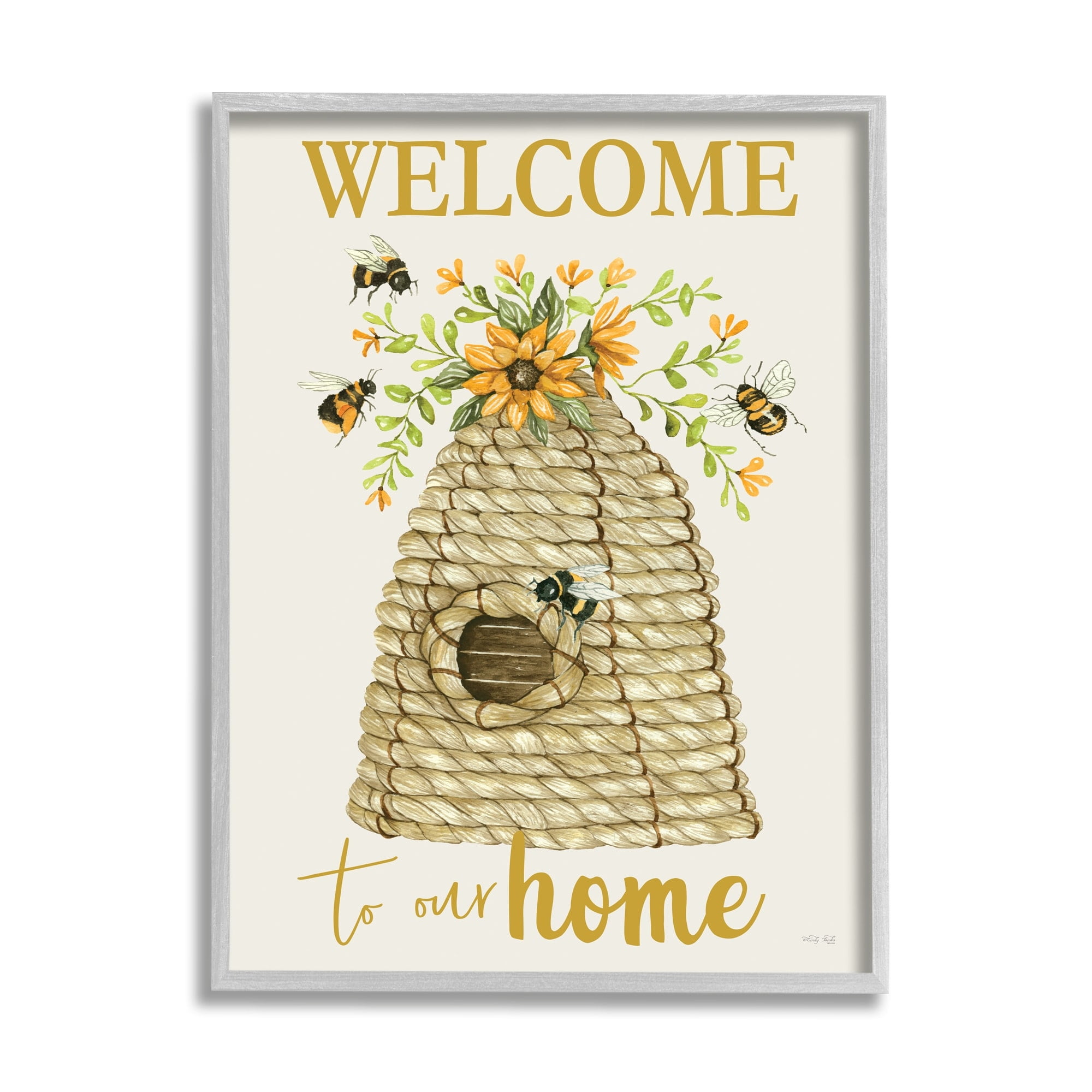 Stupell Industries Welcome Home Insect Hovering Roped Beehive and Sunflowers,16 x 20, Design by Cindy Jacobs