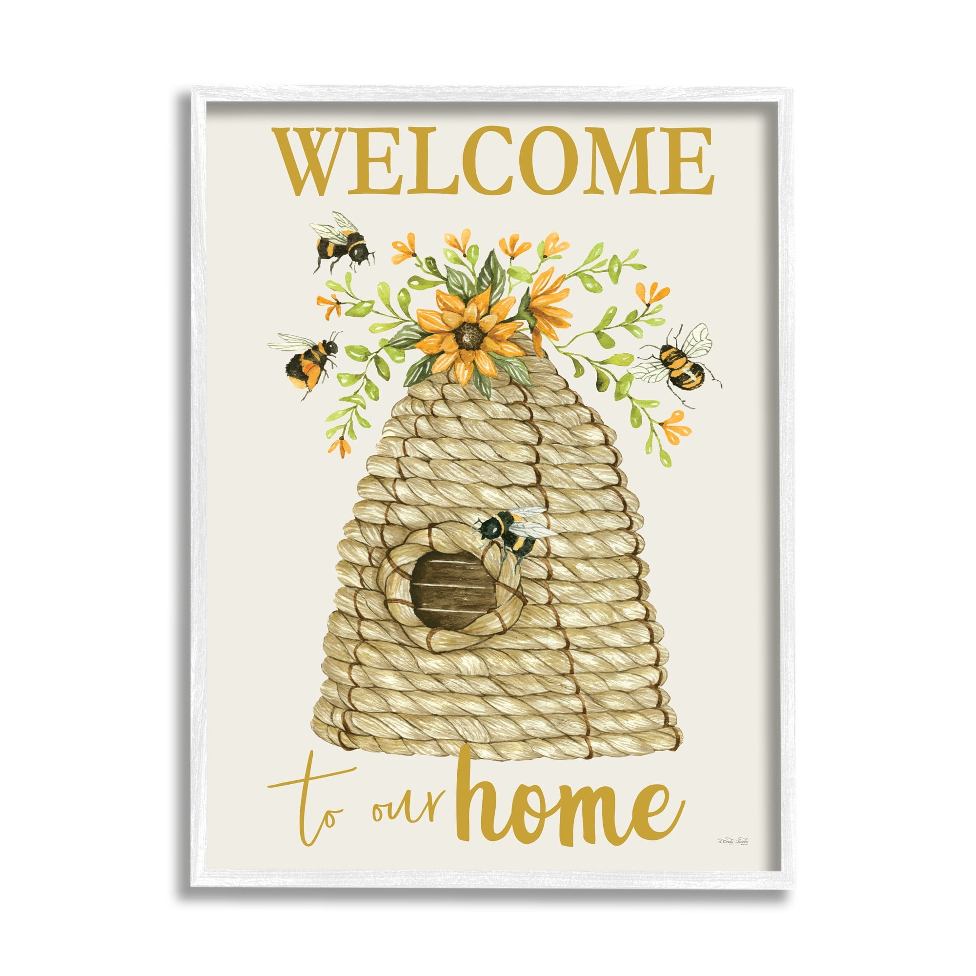Stupell Industries Welcome Home Insect Hovering Roped Beehive and Sunflowers,16 x 20, Design by Cindy Jacobs