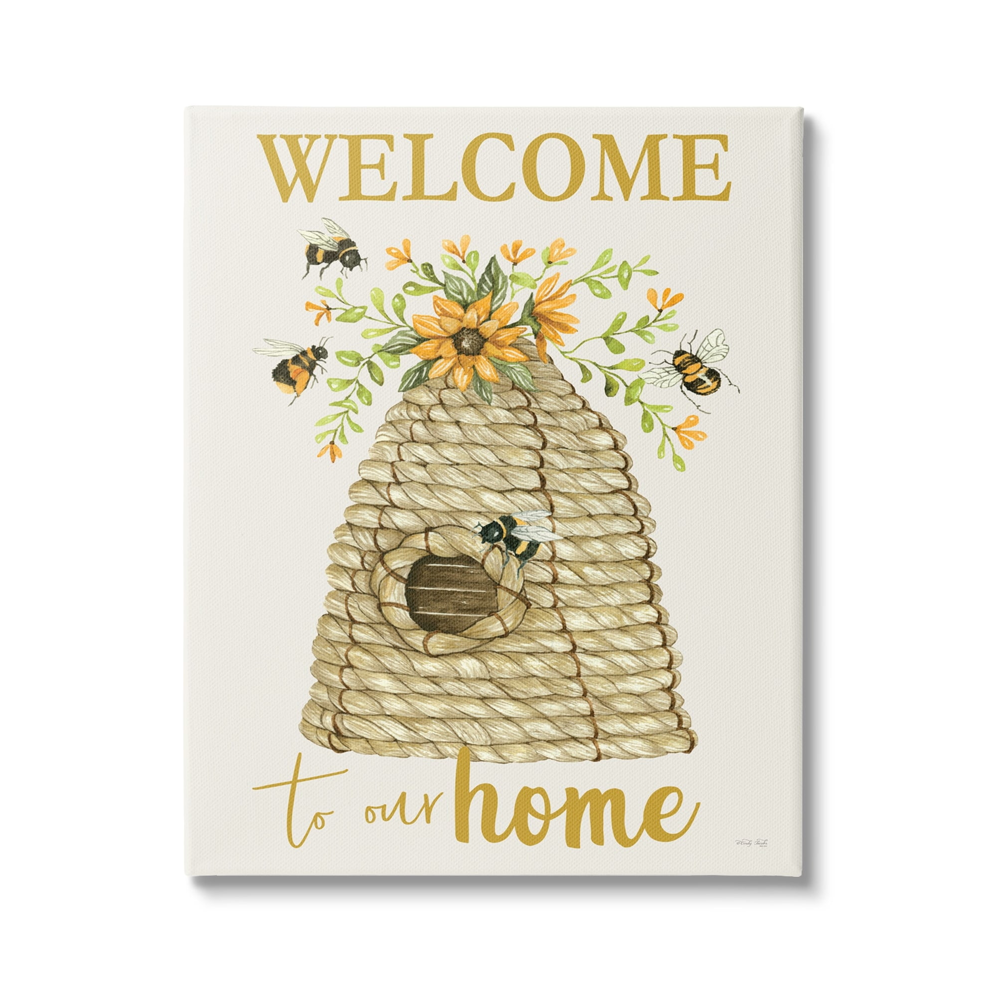 Stupell Industries Welcome Home Insect Hovering Roped Beehive and Sunflowers,24 x 30, Design by Cindy Jacobs