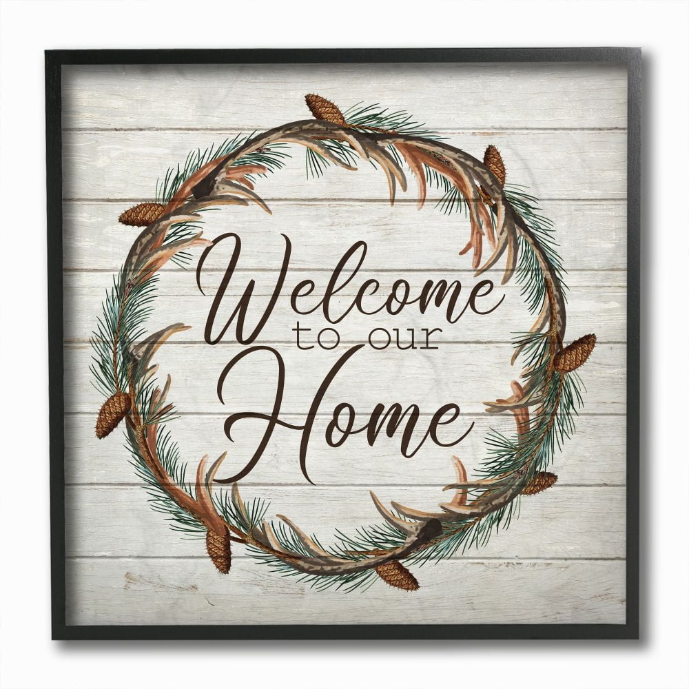 Stupell Industries Welcome Home Wreath Words On Wood Texture Design Framed Giclee Texturized Art by Lauren Gibbons