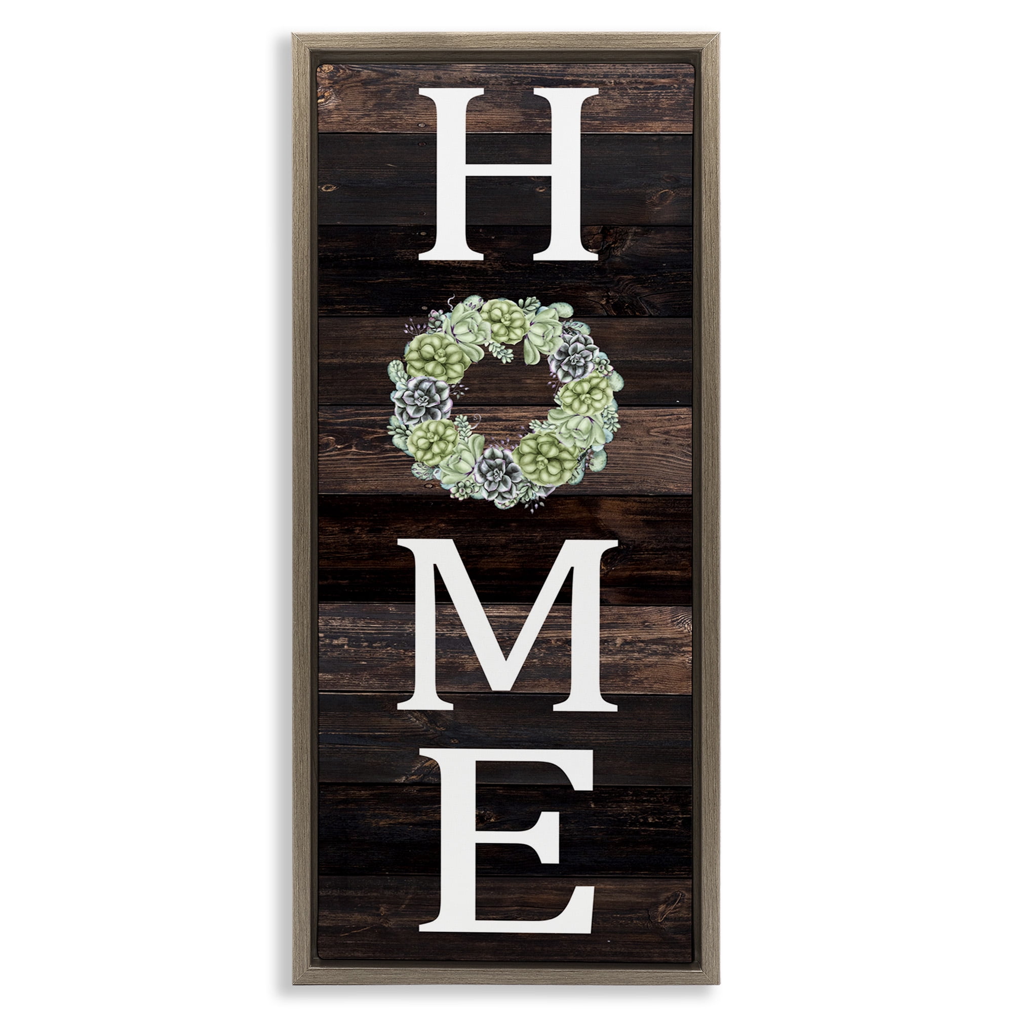 Stupell Industries Welcome Home with Succulent Wreath Typography Painting Brown Floater Framed Canvas Art Print Wall Art, 15 x 31