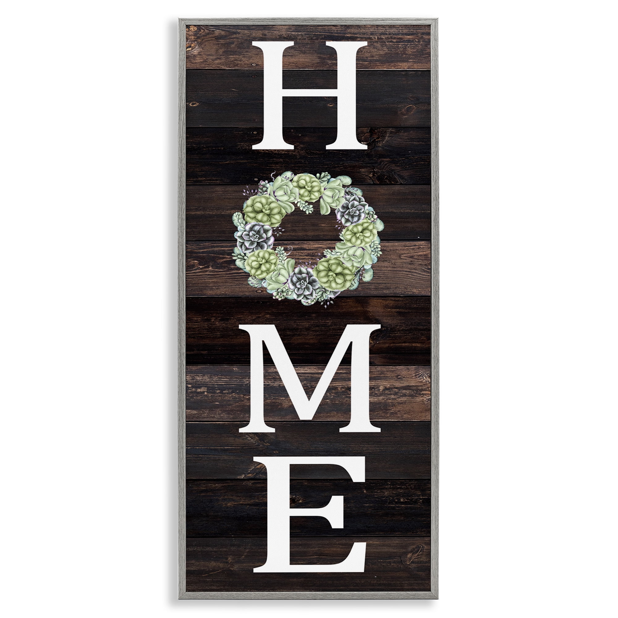 Stupell Industries Welcome Home with Succulent Wreath Typography Painting Gray Framed Art Print Wall Art, 10 x 24