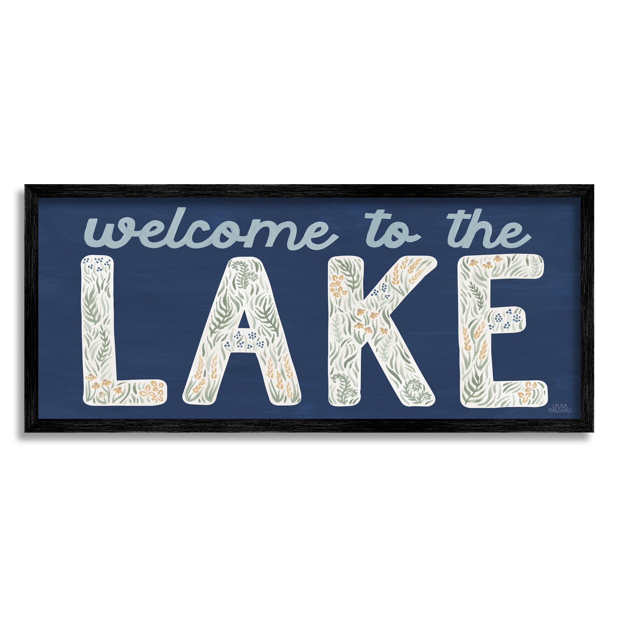 Stupell Industries Welcome Lake Floral Phrase Botanical & Floral Painting Black Framed Art Print Wall Art, 30 x 13