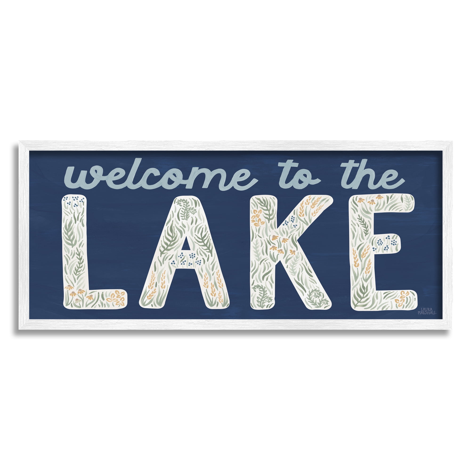 Stupell Industries Welcome Lake Floral Phrase Botanical & Floral Painting White Framed Art Print Wall Art, 30 x 13
