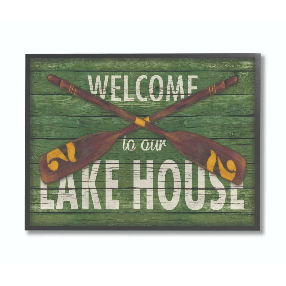Stupell Industries Welcome Lake House Country Home Green Word Design Framed Giclee Texturized Art by Stephanie Workman Marrott