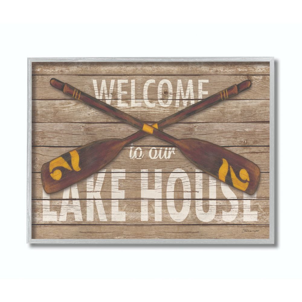 Stupell Industries Welcome Lake House Country Home Word Design Gray Farmhouse Rustic Framed Giclee Texturized Art by Stephanie Workman Marrott