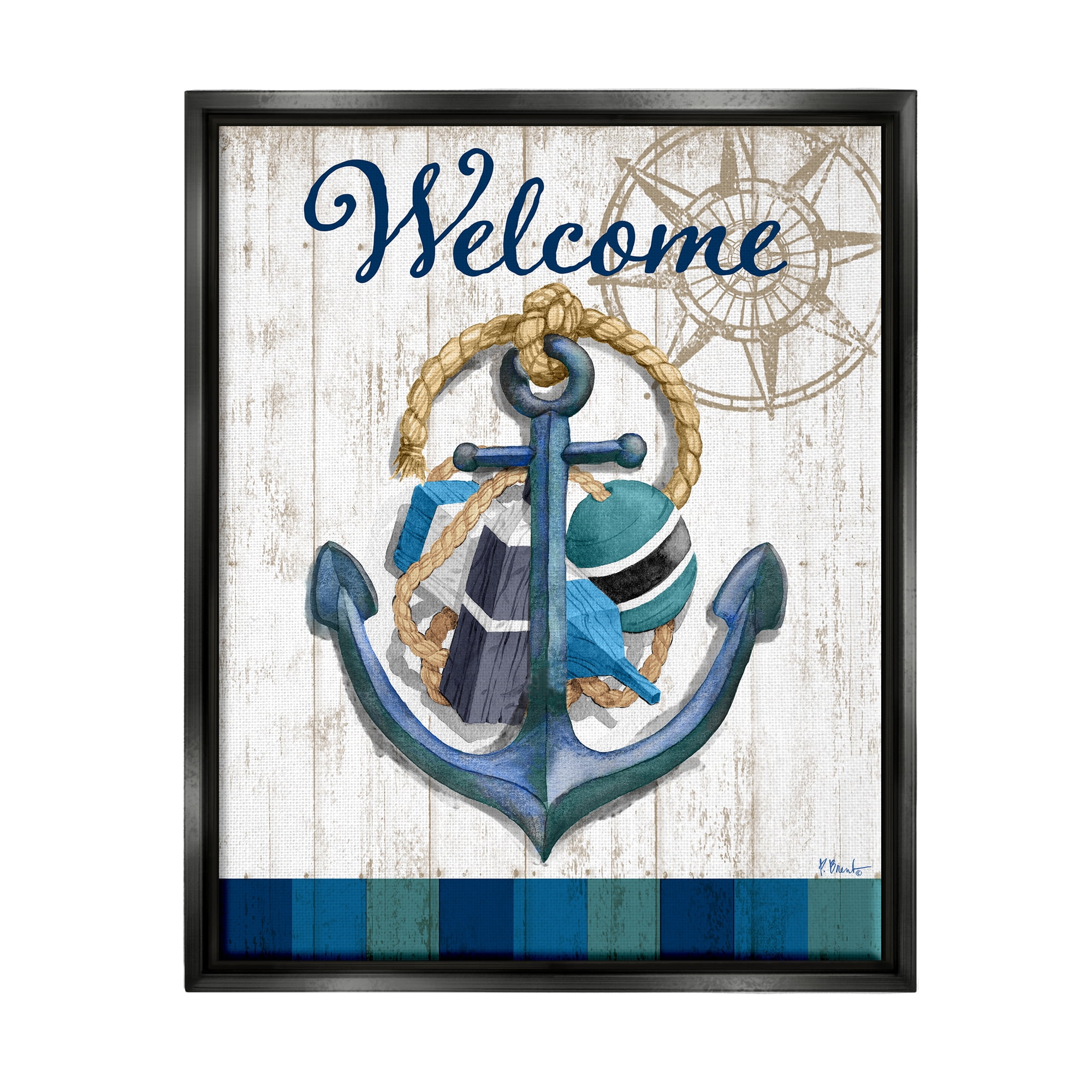 Stupell Industries Welcome Nautical Buoys Nature Painting Black Floater Framed Art Print Wall Art, 25 x 31