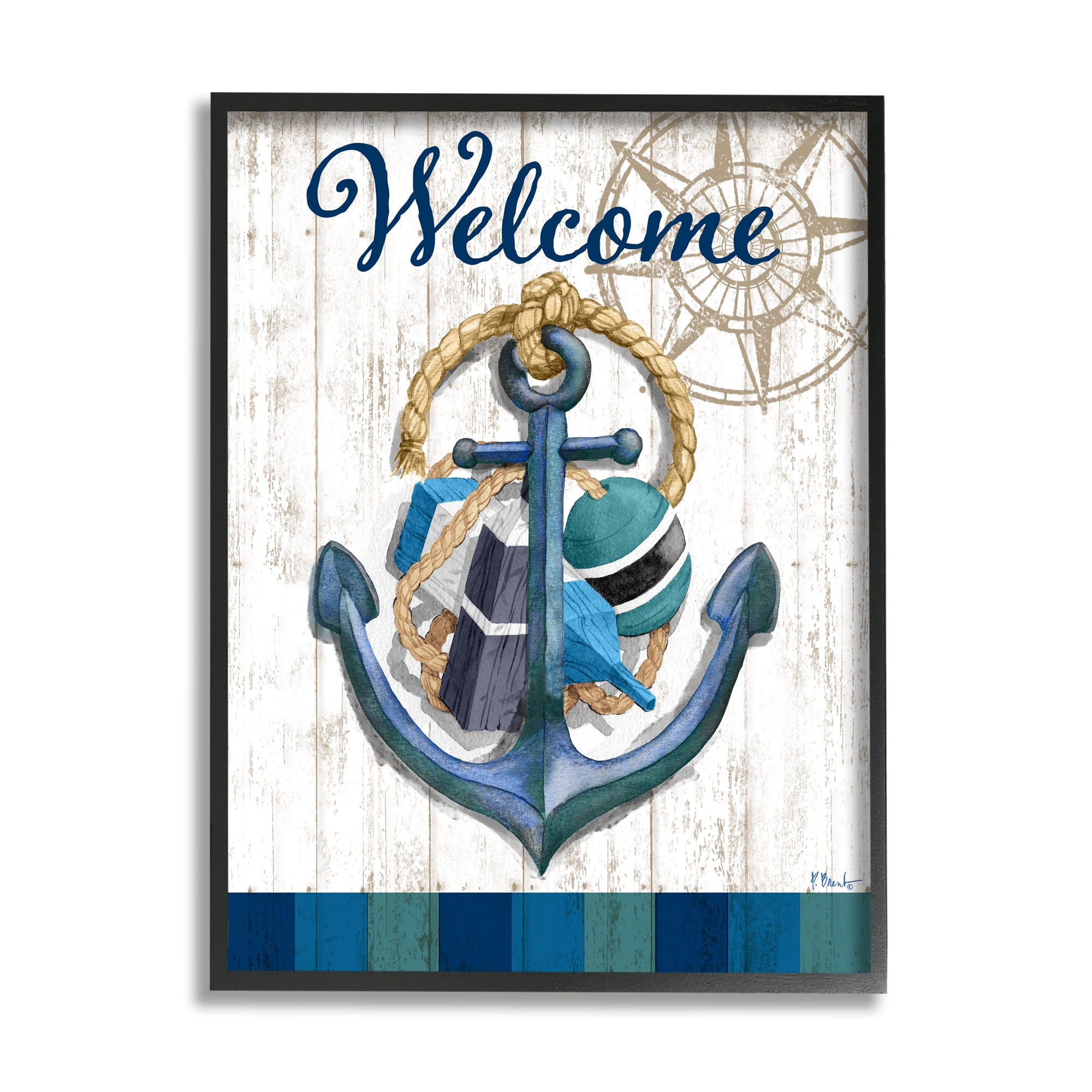 Stupell Industries Welcome Nautical Buoys Nature Painting Black Framed Art Print Wall Art, 11 x 14