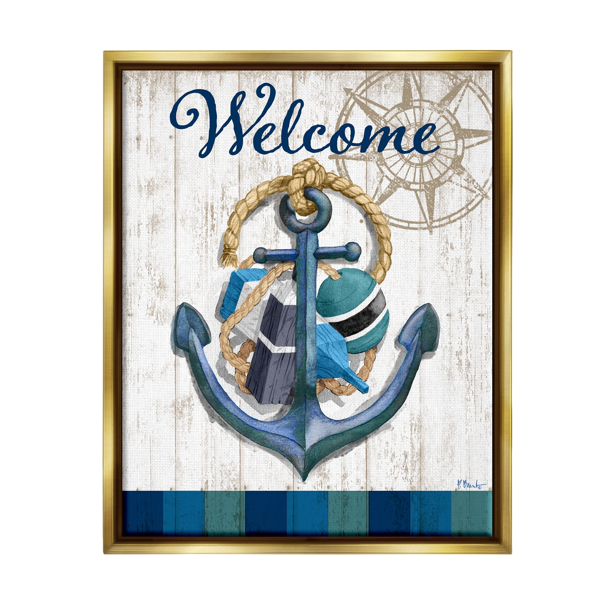 Stupell Industries Welcome Nautical Buoys Nature Painting Gold Floater Framed Art Print Wall Art, 25 x 31