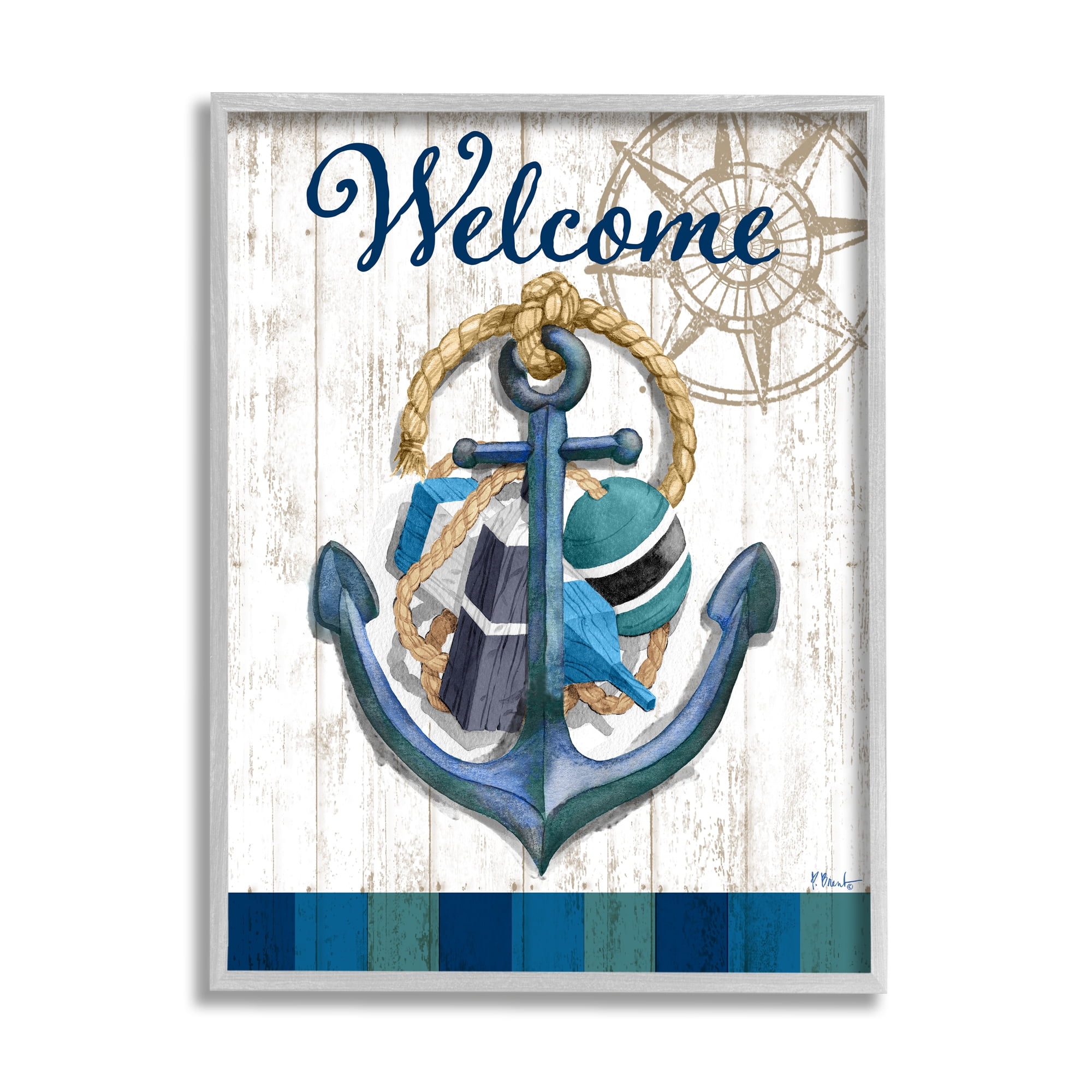 Stupell Industries Welcome Nautical Buoys Nature Painting Gray Framed Art Print Wall Art, 11 x 14