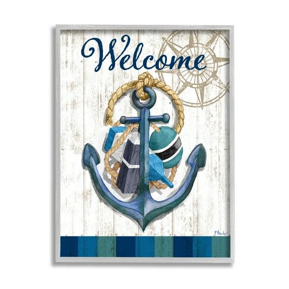 Stupell Industries Welcome Nautical Buoys Nature Painting Gray Framed Art Print Wall Art, 24 x 30