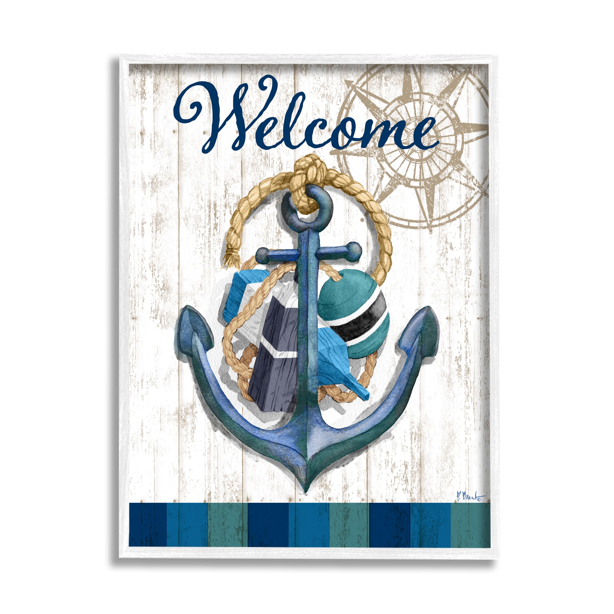 Stupell Industries Welcome Nautical Buoys Nature Painting White Framed Art Print Wall Art, 11 x 14