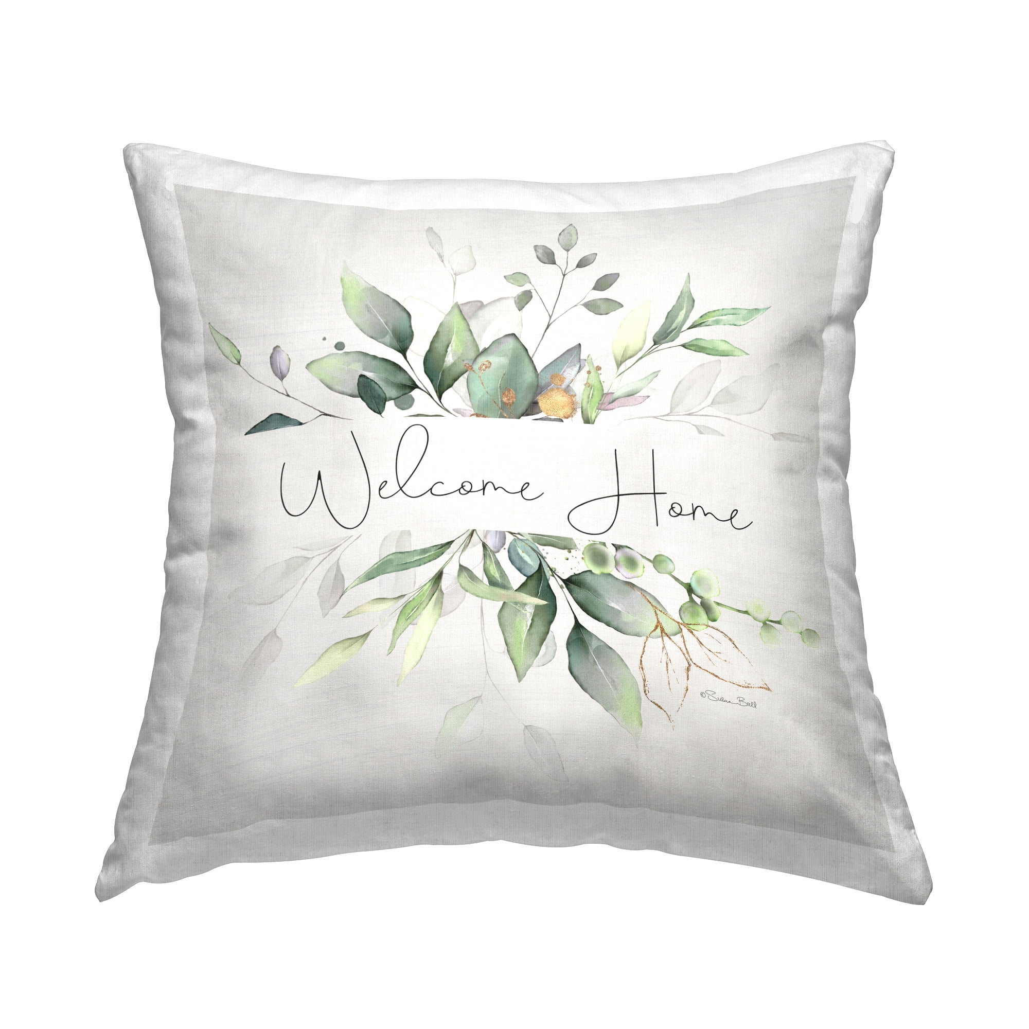 Stupell Industries Welcome Phrase Botanical Sprigs Square Decorative Printed Throw Pillow, 18 x 18