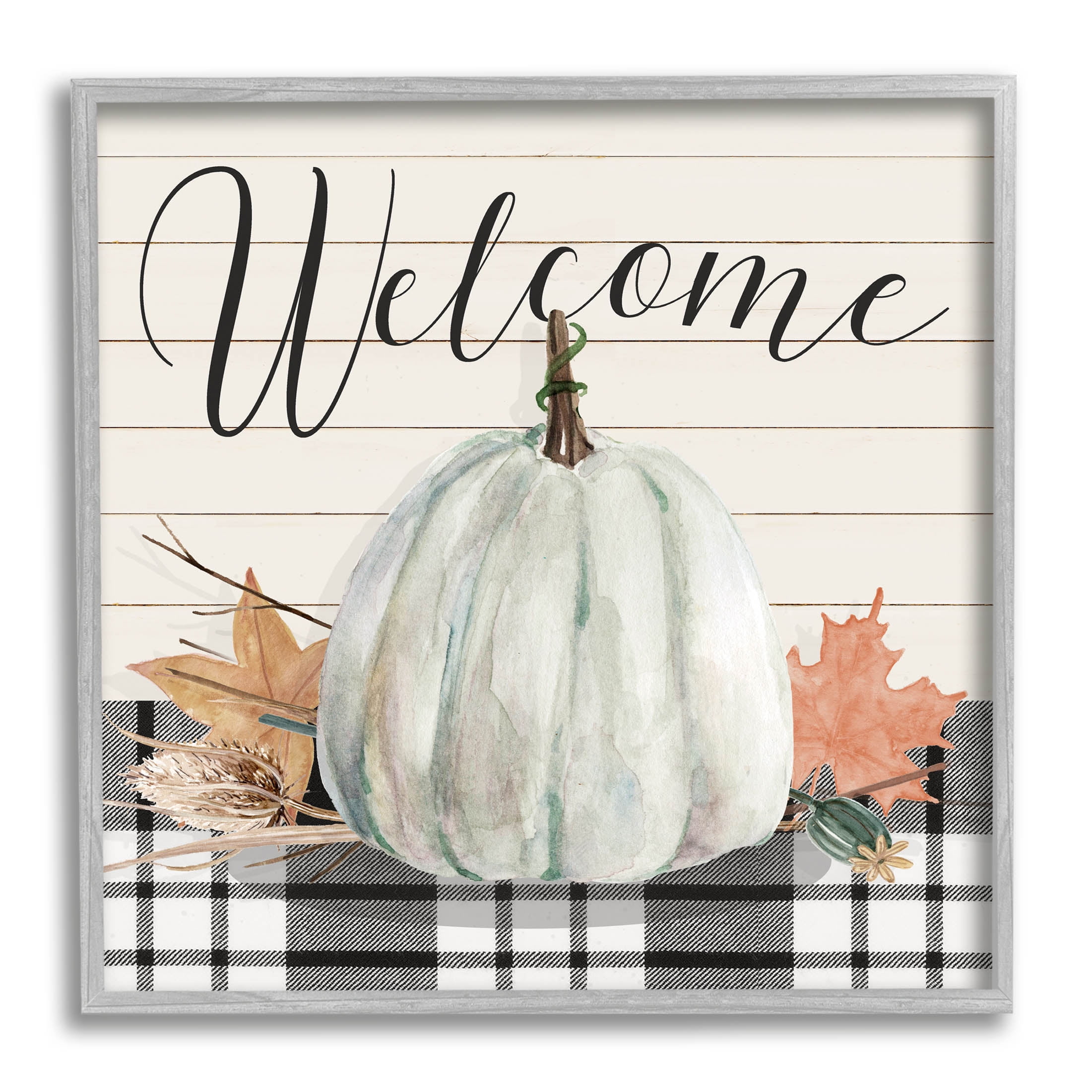 Stupell Industries Welcome Plaid Pumpkin Sign Graphic Art Gray Framed Art Print Wall Art, Design by Livi Finn