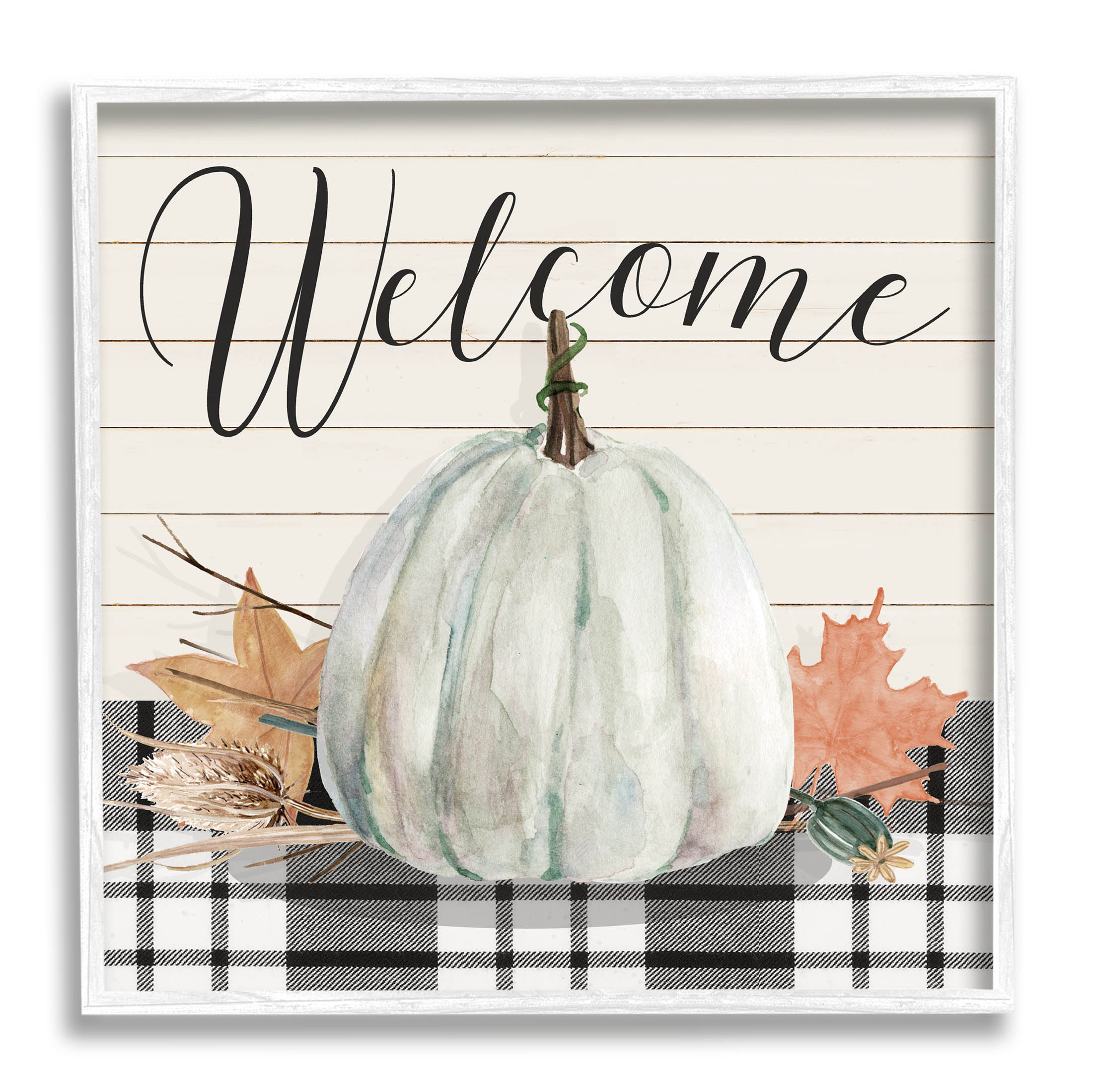 Stupell Industries Welcome Plaid Pumpkin Sign Graphic Art White Framed Art Print Wall Art, Design by Livi Finn