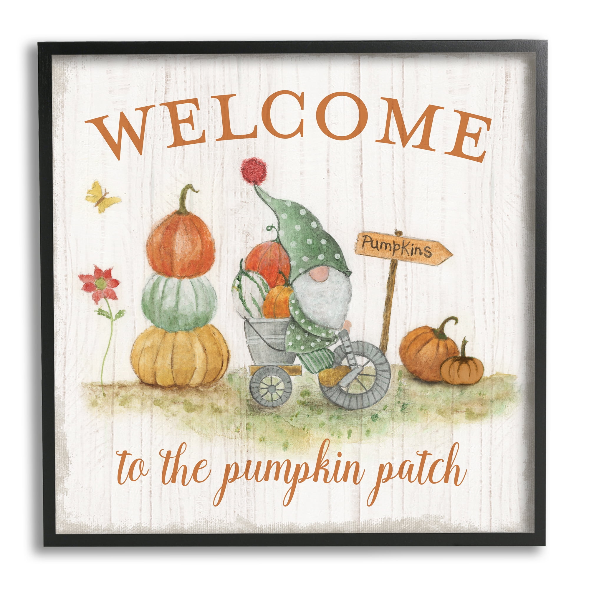 Stupell Industries Welcome Pumpkin Patch Gnome Fairy Tales & Fantasy Painting Black Framed Art Print Wall Art, 12 x 12