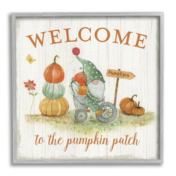 Stupell Industries Welcome Pumpkin Patch Gnome Fairy Tales & Fantasy Painting Gray Framed Art Print Wall Art, 12 x 12