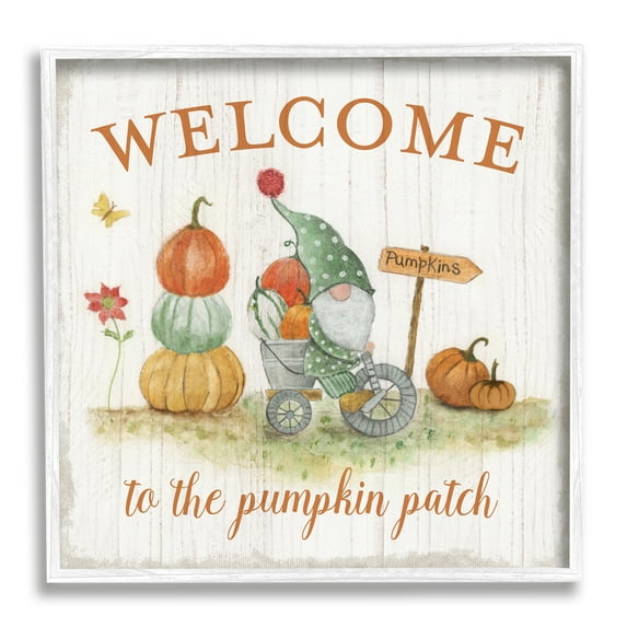 Stupell Industries Welcome Pumpkin Patch Gnome Fairy Tales & Fantasy Painting White Framed Art Print Wall Art, 12 x 12