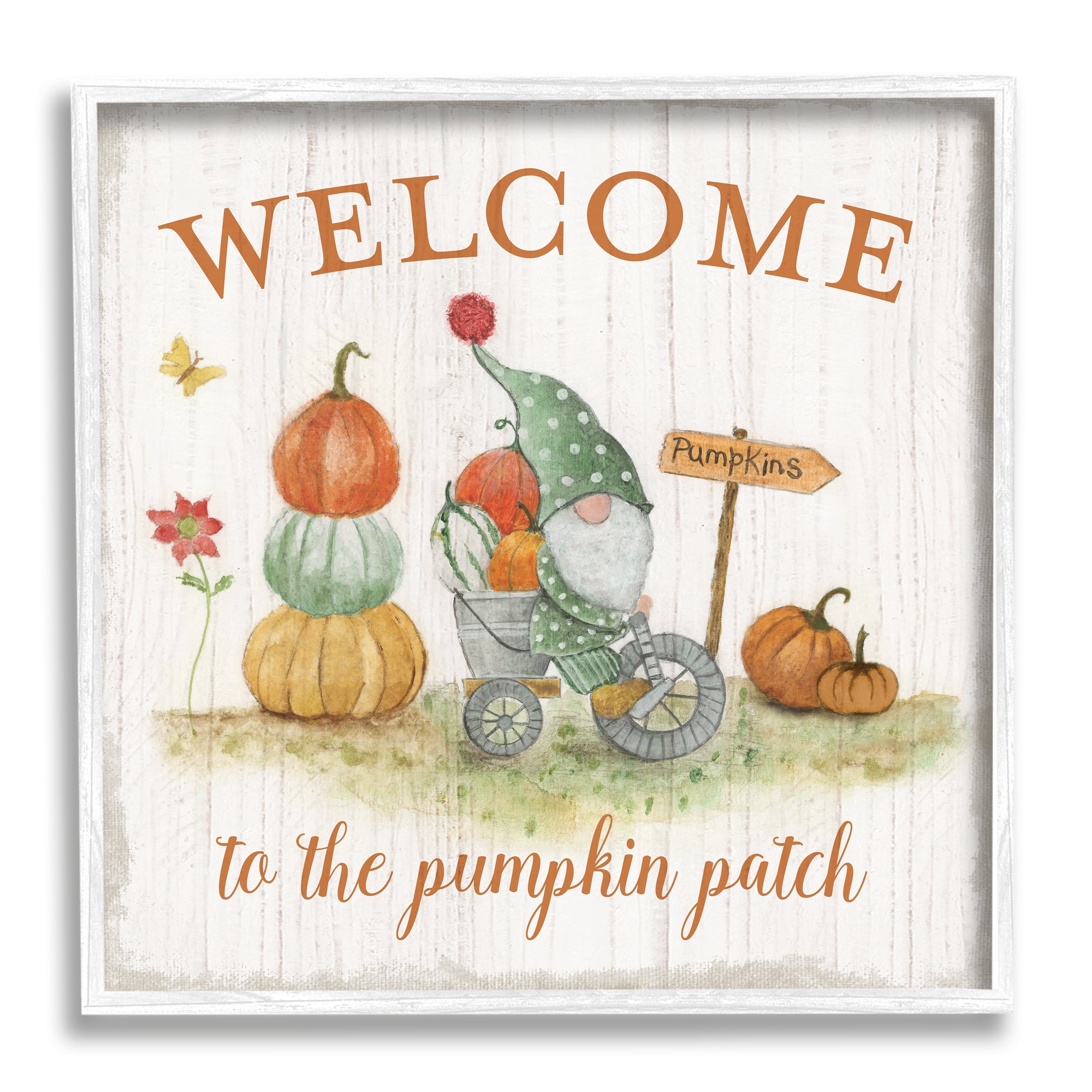 Stupell Industries Welcome Pumpkin Patch Gnome Fairy Tales & Fantasy Painting White Framed Art Print Wall Art, 17 x 17