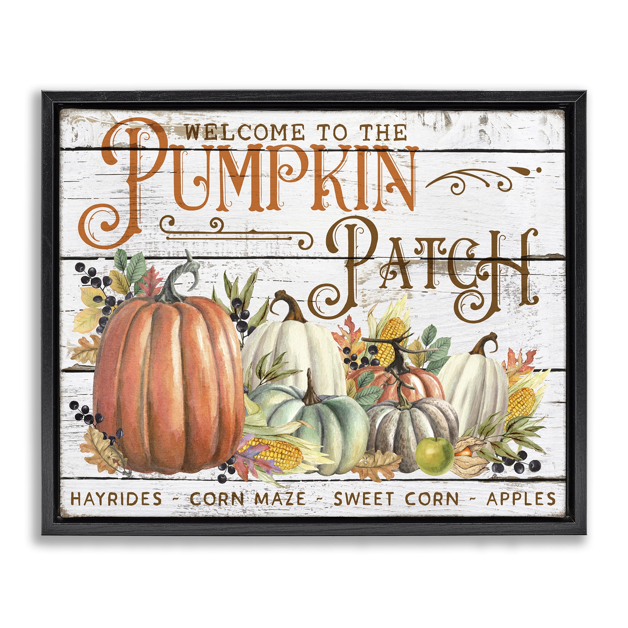 Stupell Industries Welcome Pumpkin Patch Holiday Painting Black Floater Framed Canvas Art Prints Wall Art, 21 x 17