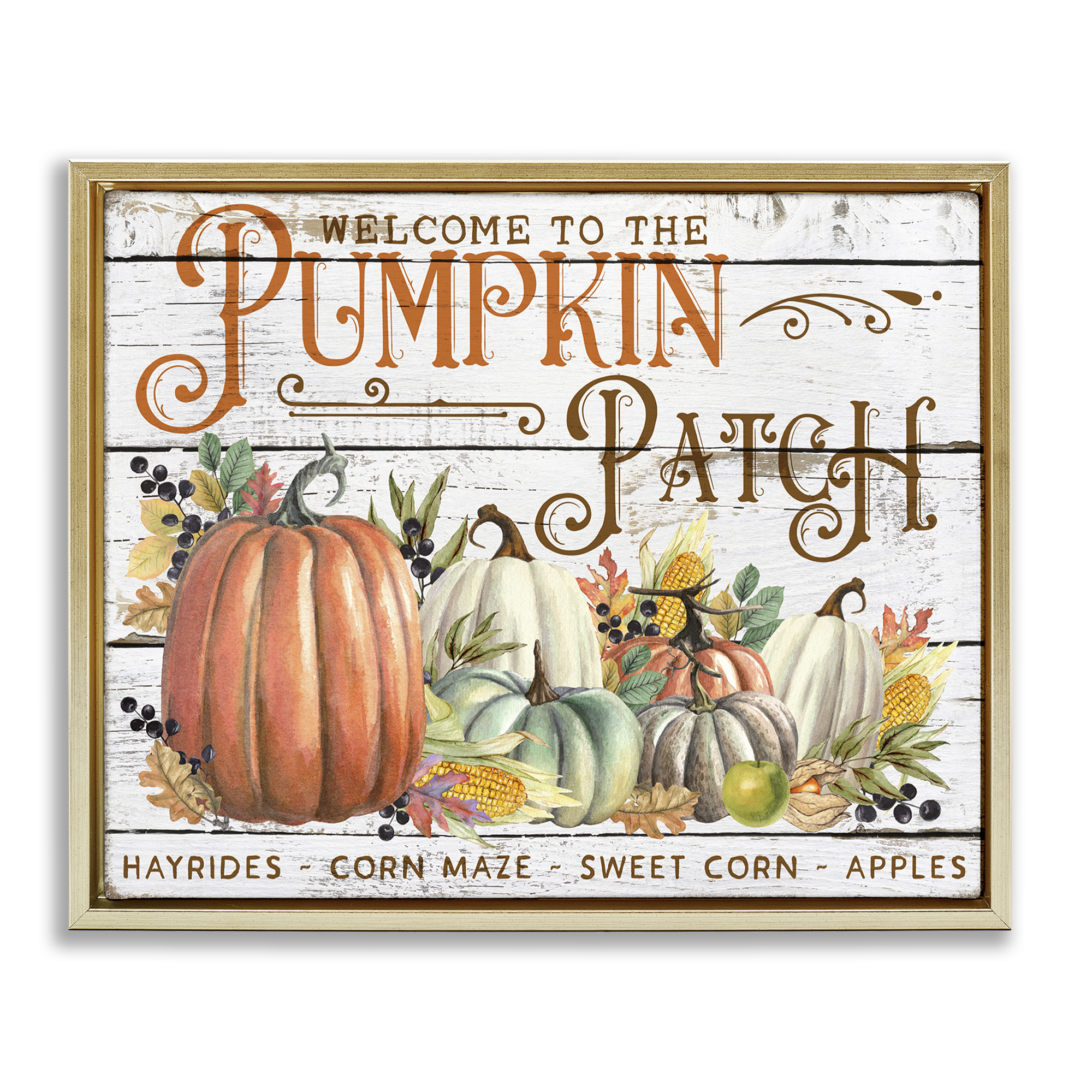 Stupell Industries Welcome Pumpkin Patch Holiday Painting Gold Floater Framed Canvas Art Prints Wall Art, 21 x 17