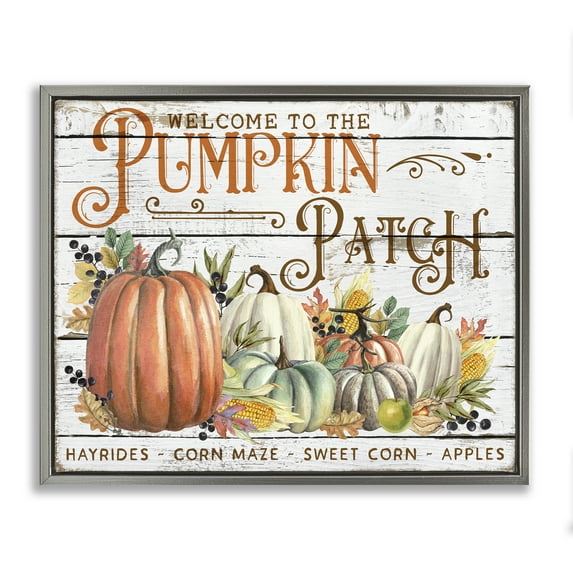 Stupell Industries Welcome Pumpkin Patch Holiday Painting Gray Floater Framed Canvas Art Prints Wall Art, 21 x 17