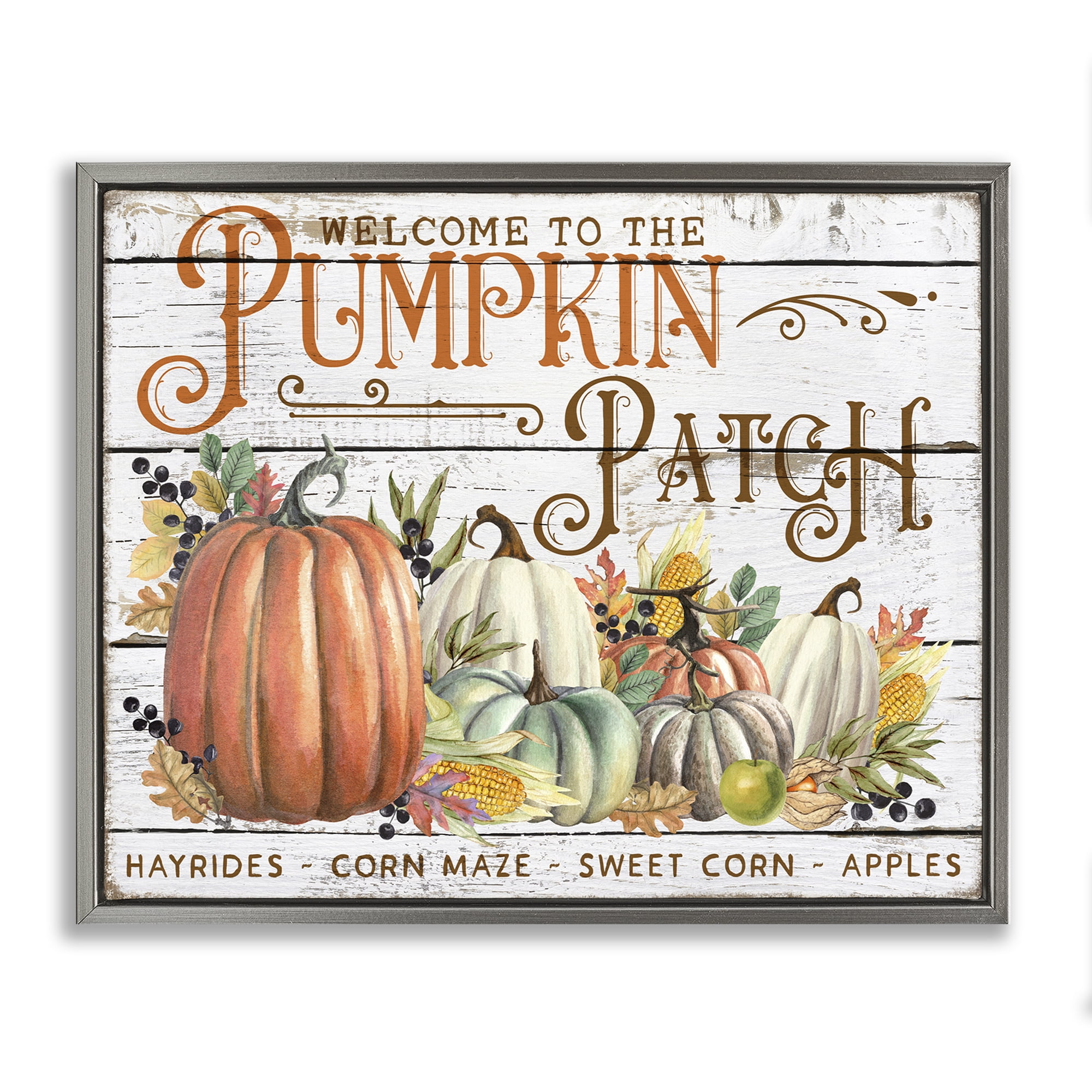 Stupell Industries Welcome Pumpkin Patch Holiday Painting Gray Floater Framed Canvas Art Prints Wall Art, 31 x 25