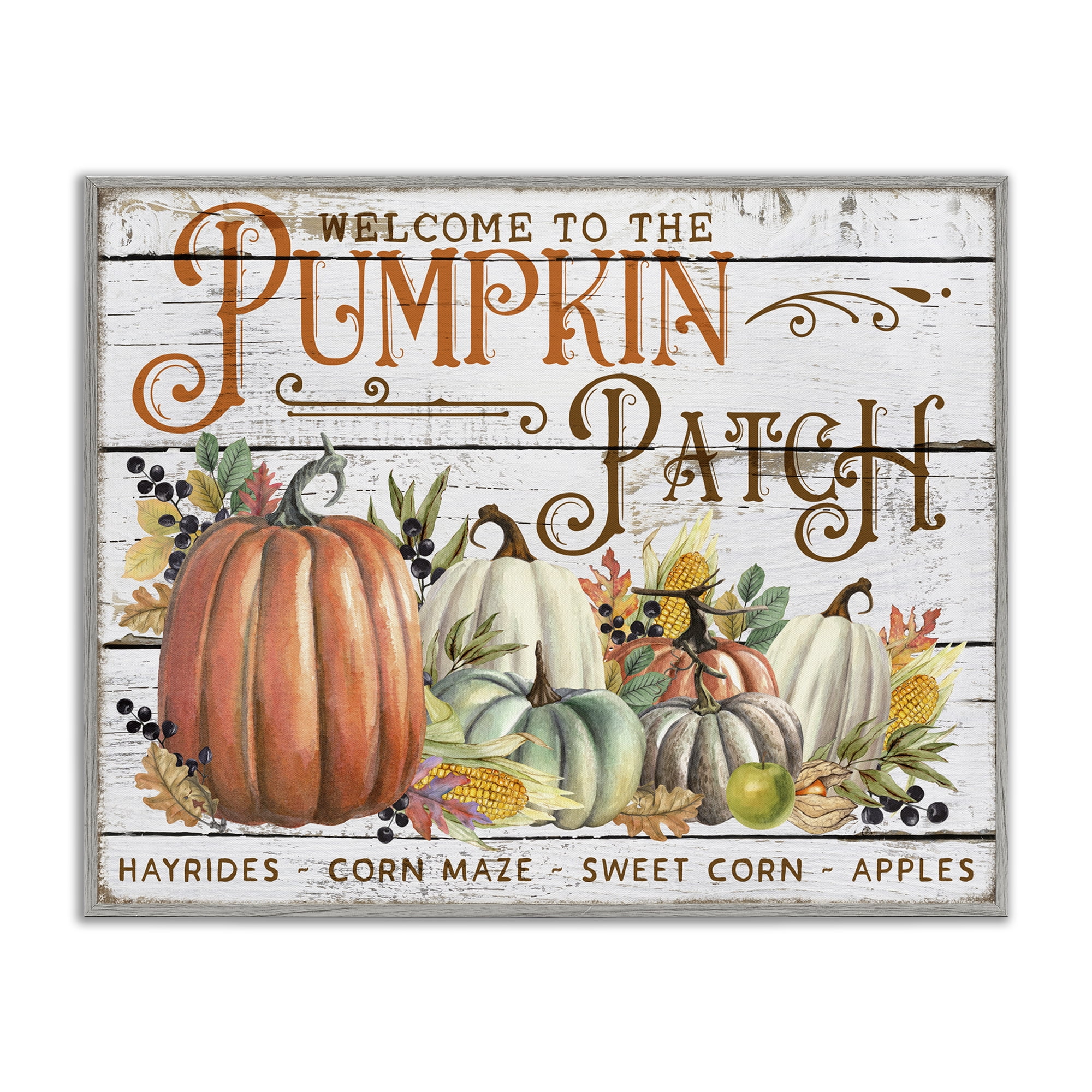 Stupell Industries Welcome Pumpkin Patch Holiday Painting Gray Framed Art Prints Wall Art, 20 x 16