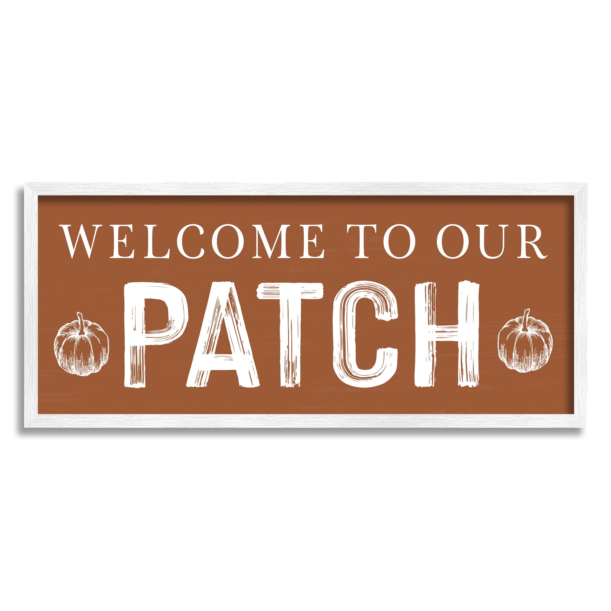 Stupell Industries Welcome Pumpkin Patch Holiday Painting White Framed Art Print Wall Art, 24 x 10