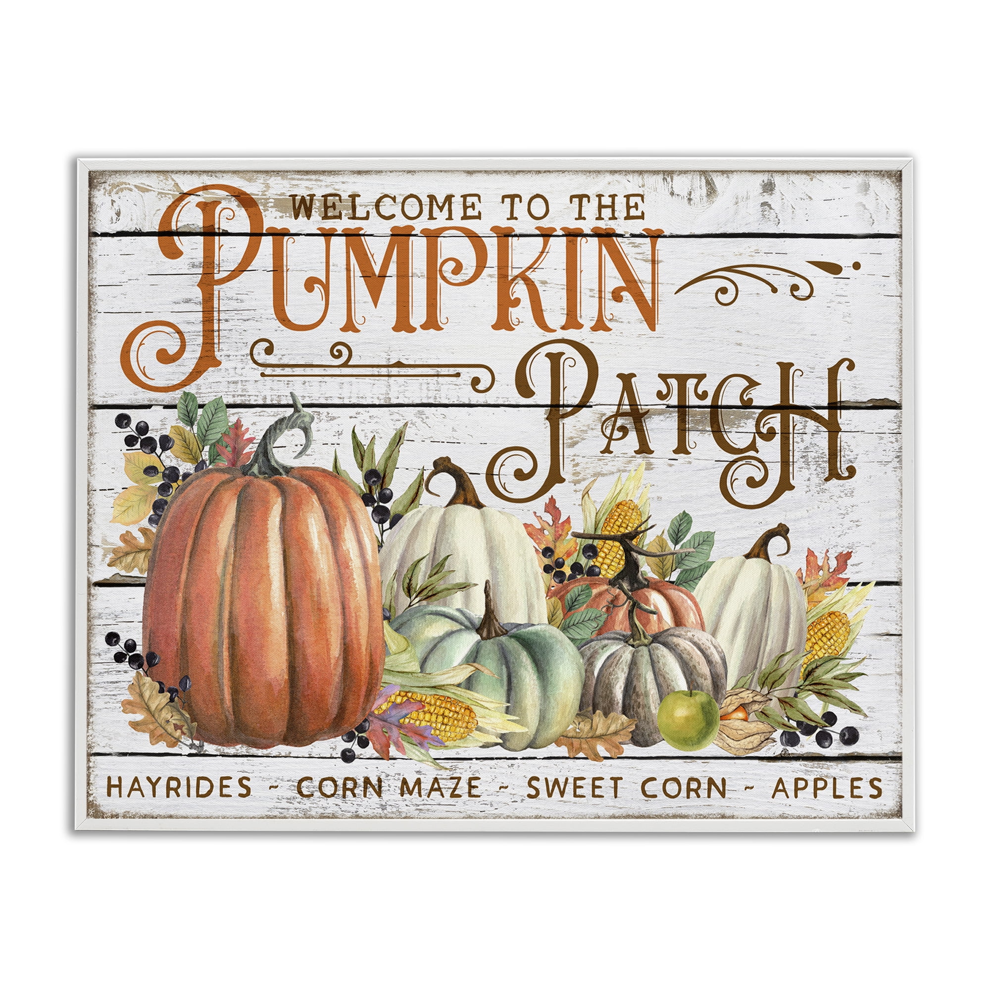 Stupell Industries Welcome Pumpkin Patch Holiday Painting White Framed Art Prints Wall Art, 30 x 24