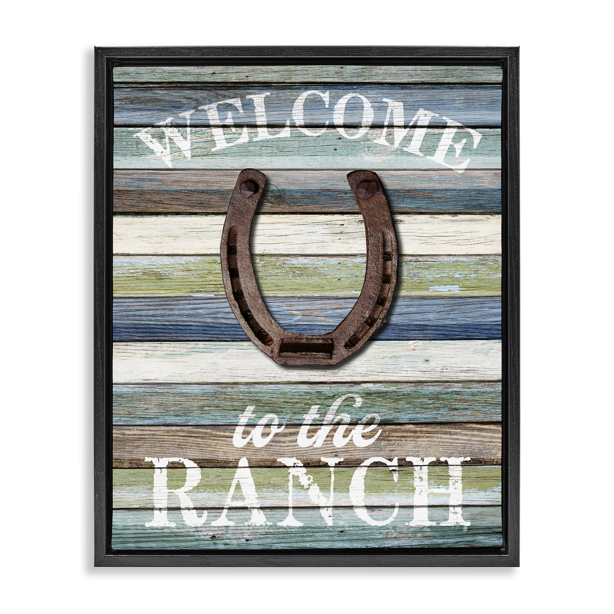 Stupell Industries Welcome Ranch with Horseshoe Text & Numbers Painting Black Floater Framed Canvas Art Print Wall Art, 25 x 31