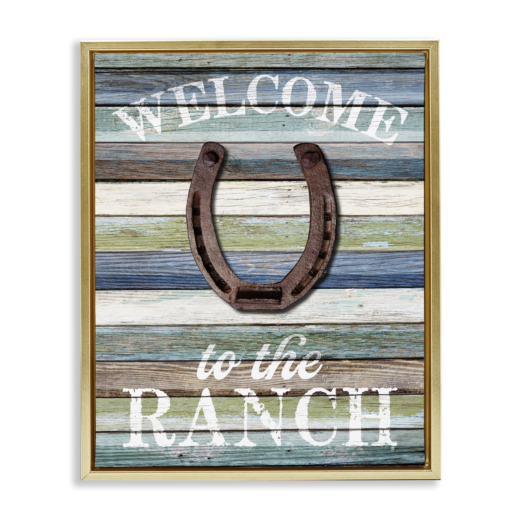Stupell Industries Welcome Ranch with Horseshoe Text & Numbers Painting Gold Floater Framed Canvas Art Print Wall Art, 25 x 31