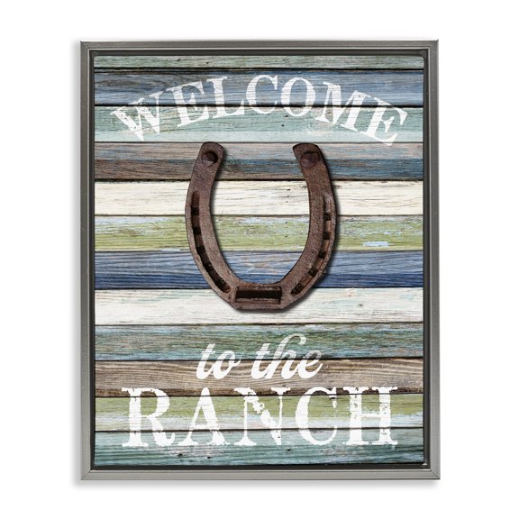 Stupell Industries Welcome Ranch with Horseshoe Text & Numbers Painting Gray Floater Framed Canvas Art Print Wall Art, 17 x 21