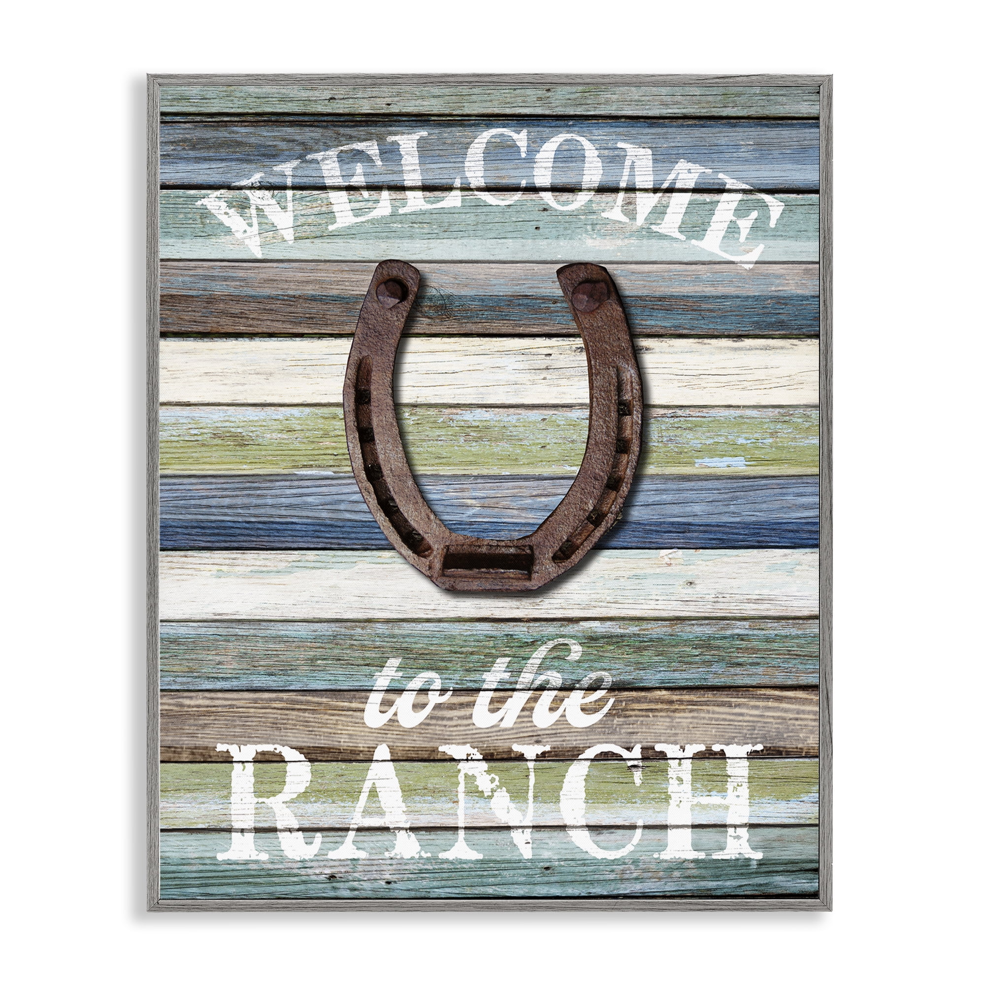 Stupell Industries Welcome Ranch with Horseshoe Text & Numbers Painting Gray Framed Art Print Wall Art, 16 x 20