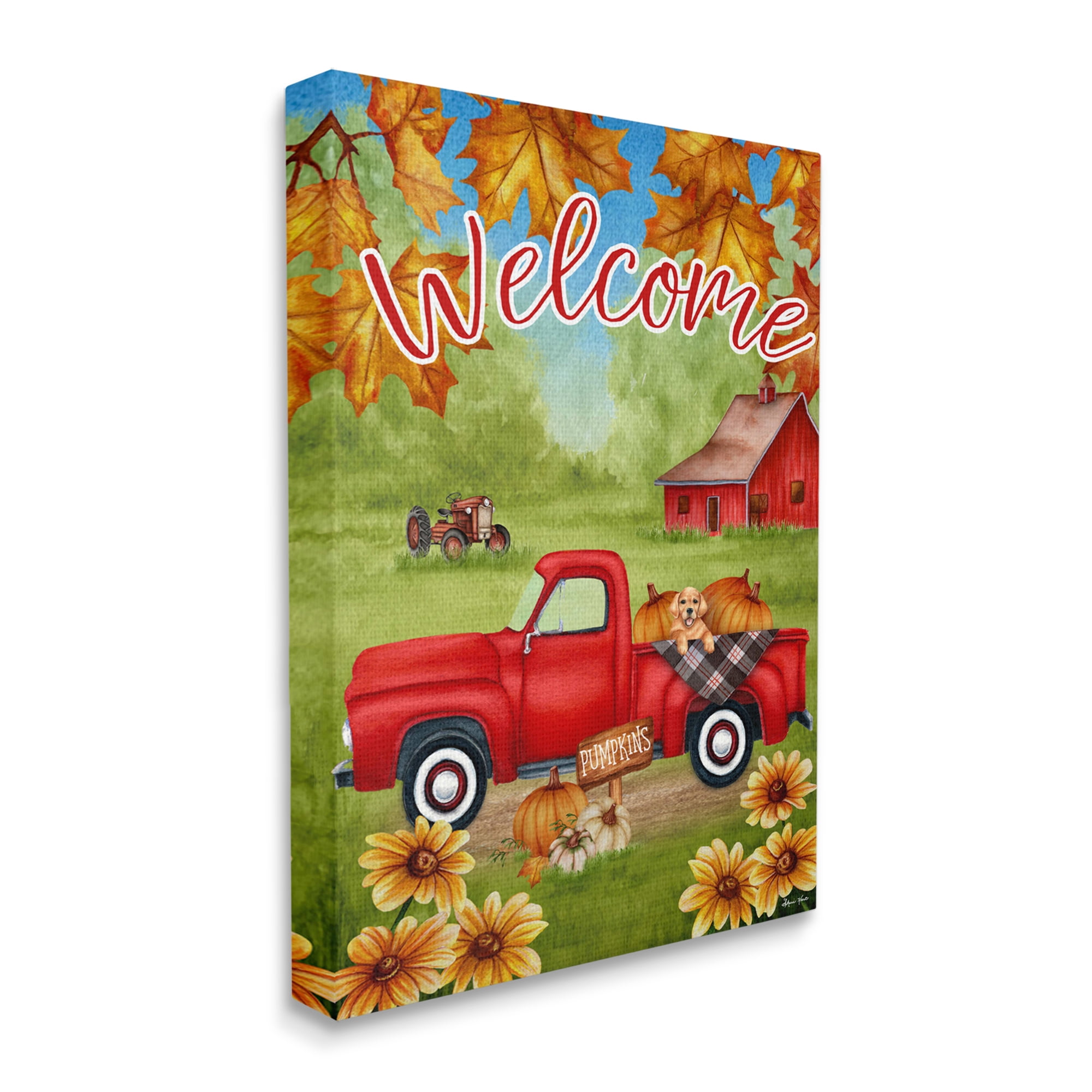 Stupell Industries Welcome Red Farm Truck Autumn Leaves Canvas Design by Sheri Hart