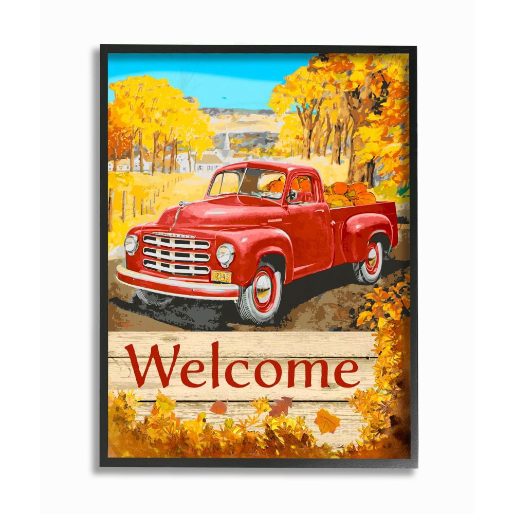 Stupell Industries Welcome Red Truck Fall Autumn Landscape Design Framed Wall Art by The Saturday Evening Post, 11" x 14", Black Framed